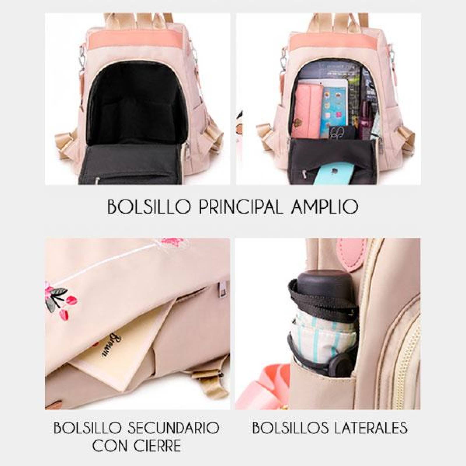 Mochila para Mujer, Bolso Escolar, Diseño moderno, Bolso de Mano, Nylon, Antirrobo, Mutiples Cierres