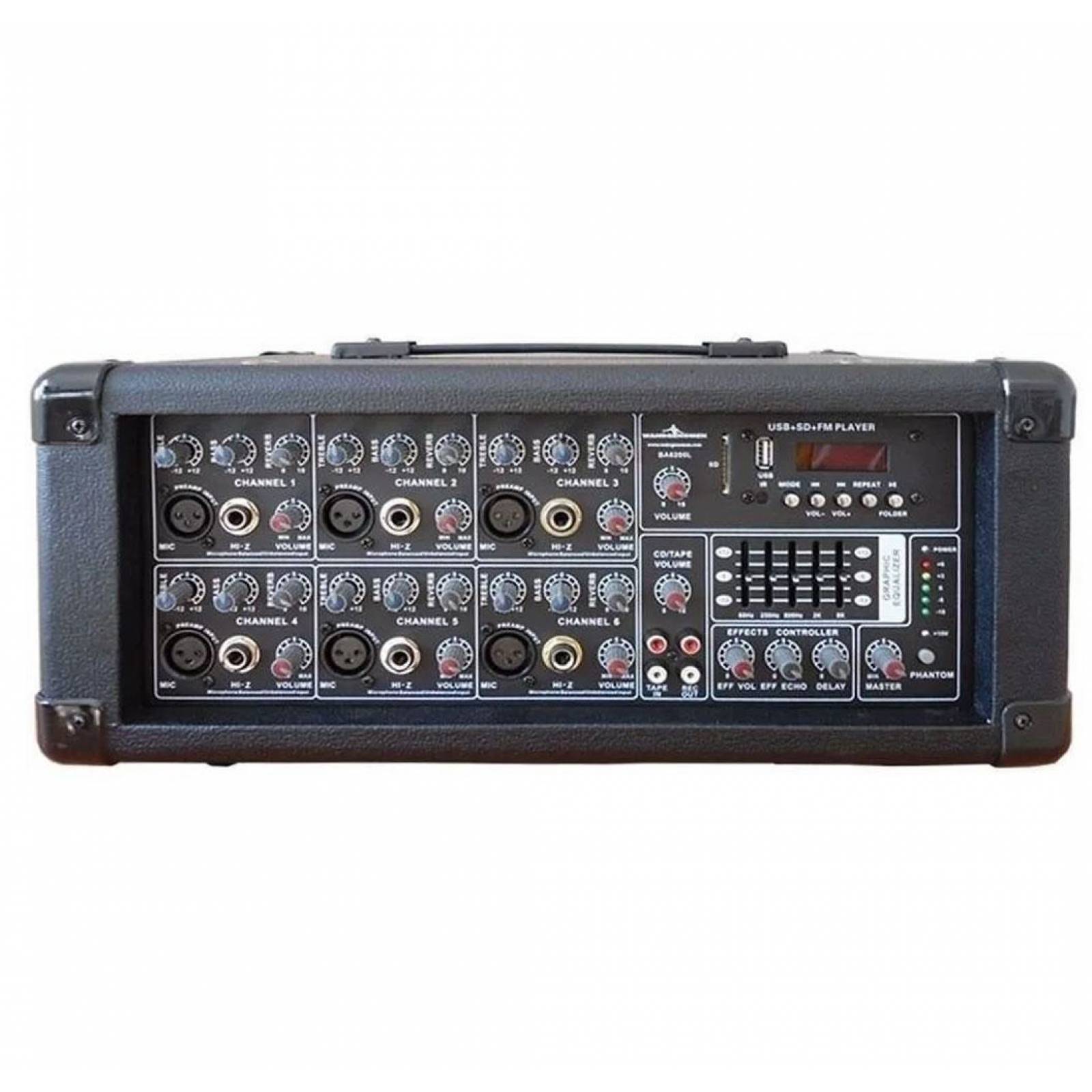 Mezcladora Amplificada 200 Watts Rms Bluetooth Usb sd 6ch