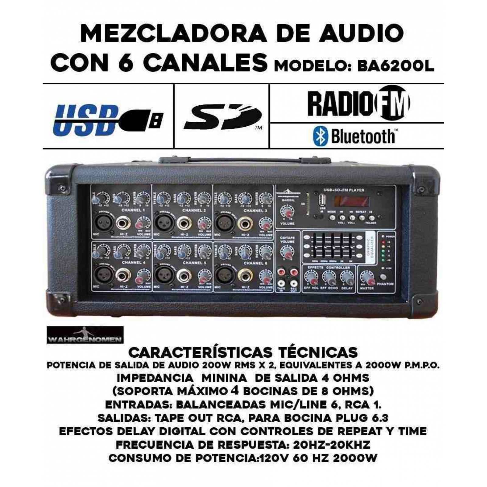 Mezcladora Amplificada 200 Watts Rms Bluetooth Usb sd 6ch