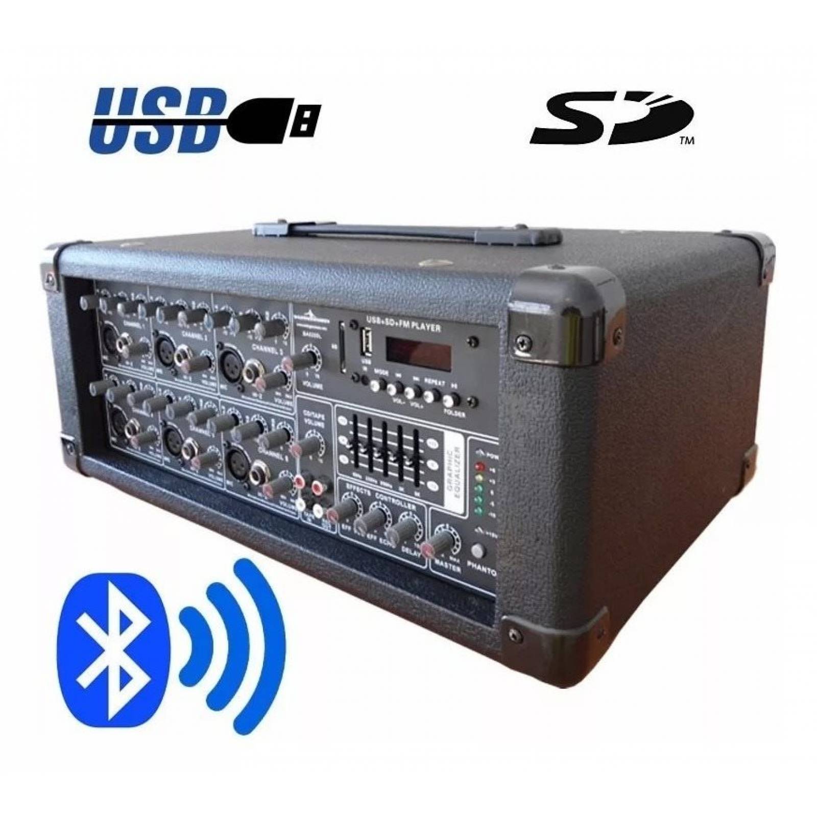 Mezcladora Amplificada 200 Watts Rms Bluetooth Usb sd 6ch
