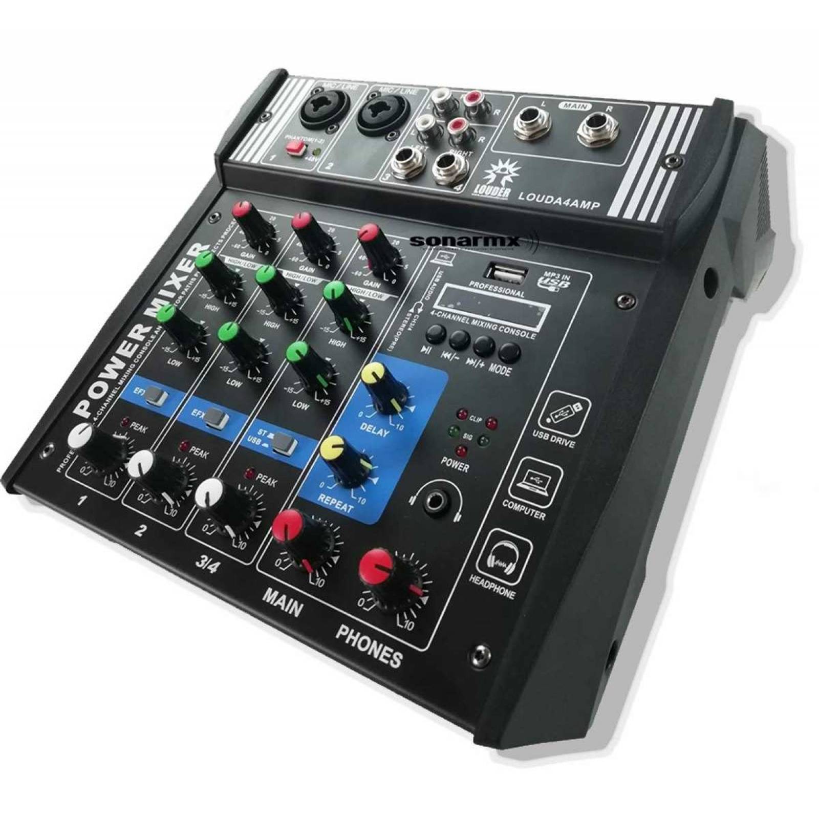 Mezcladora Amplificada Bluetooth 4 Canales Phantom Graba Usb