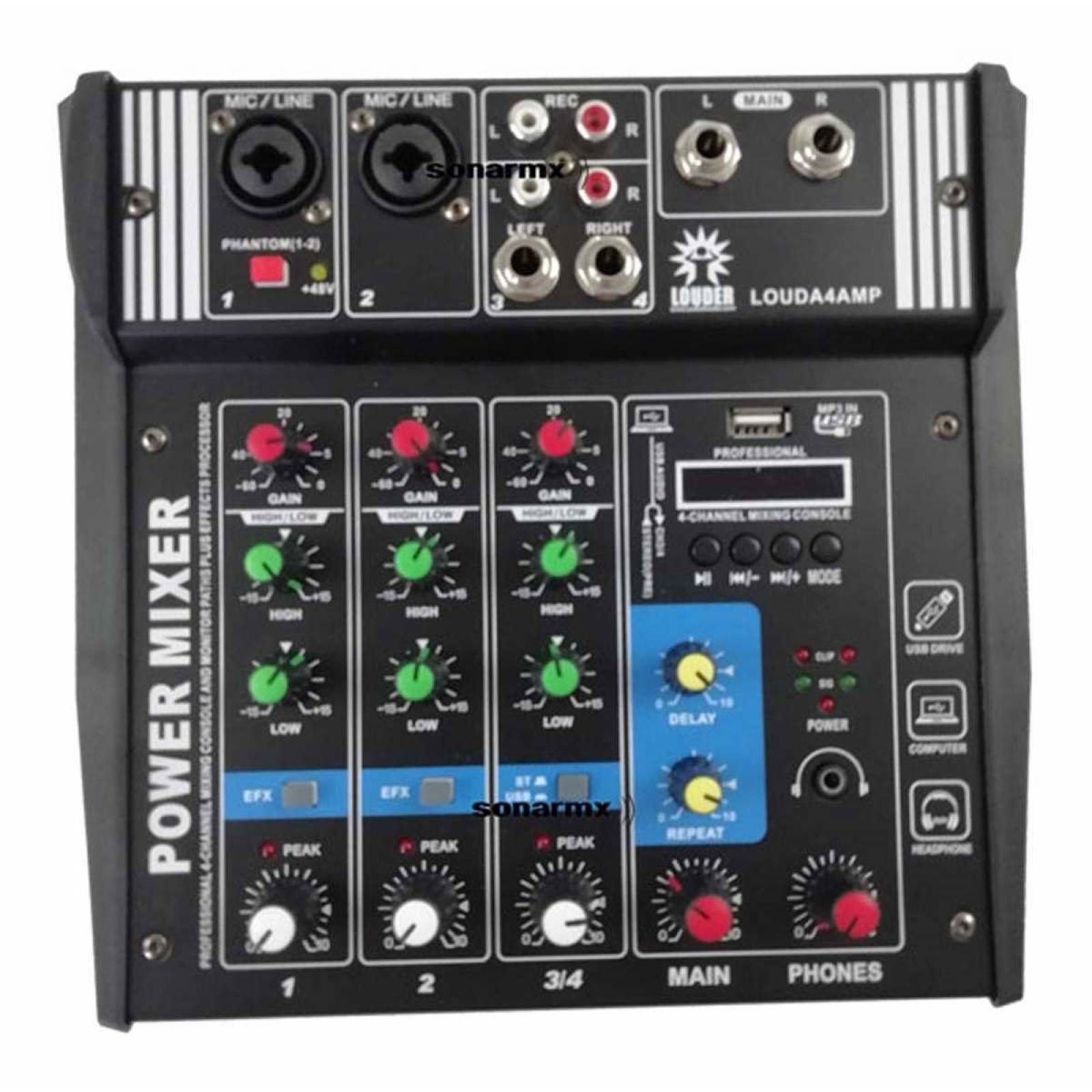 Mezcladora Amplificada Bluetooth 4 Canales Phantom Graba Usb