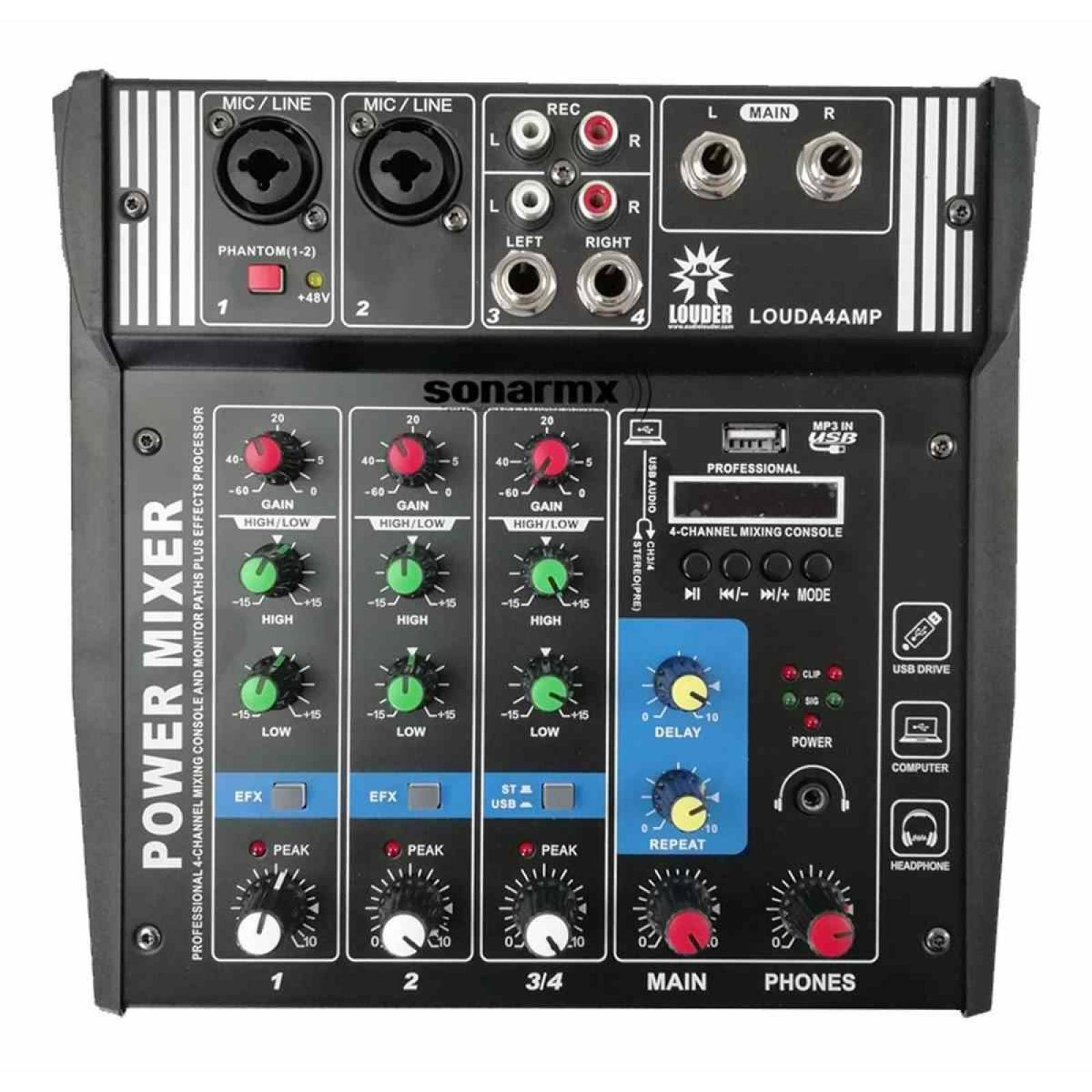 Mezcladora Amplificada Bluetooth 4 Canales Phantom Graba Usb