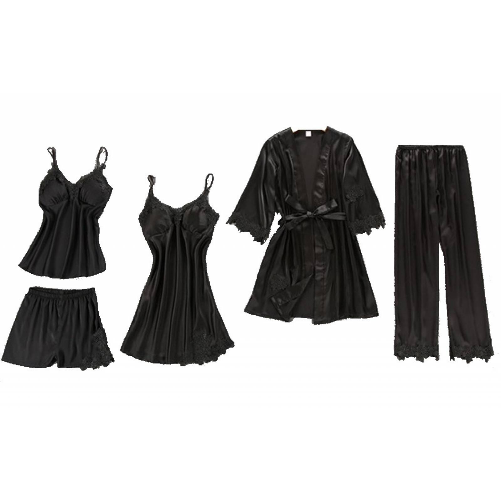 Set De Pijama Dama Sexi Ropa De Dormir Bata De Seda 5 Piezas