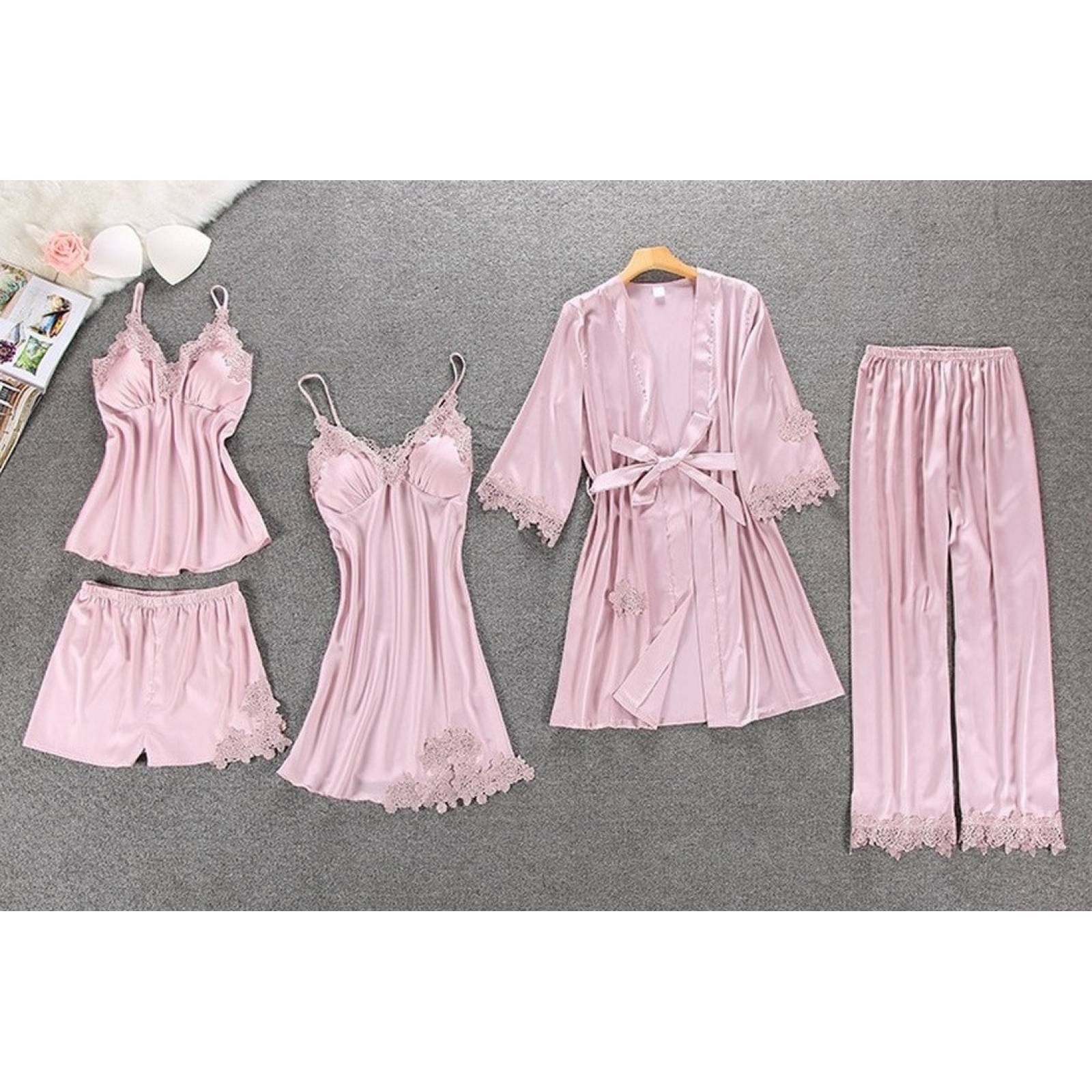 Set De Pijama Dama Sexi Ropa De Dormir Bata De Seda 5 Piezas