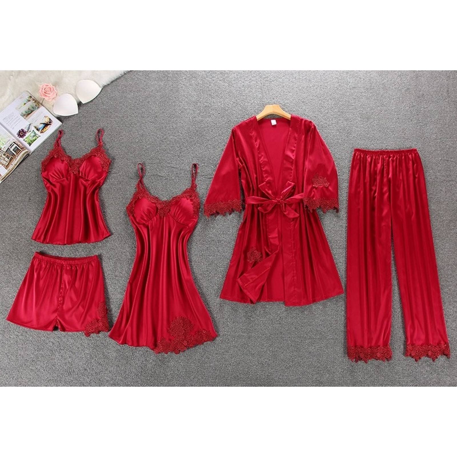 Set De Pijama Dama Sexi Ropa De Dormir Bata De Seda 5 Piezas