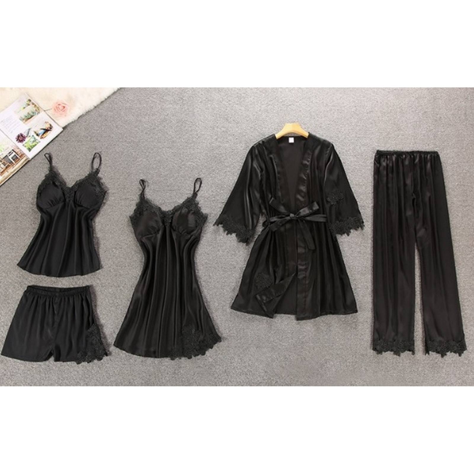 Set De Pijama Dama Sexi Ropa De Dormir Bata De Seda 5 Piezas