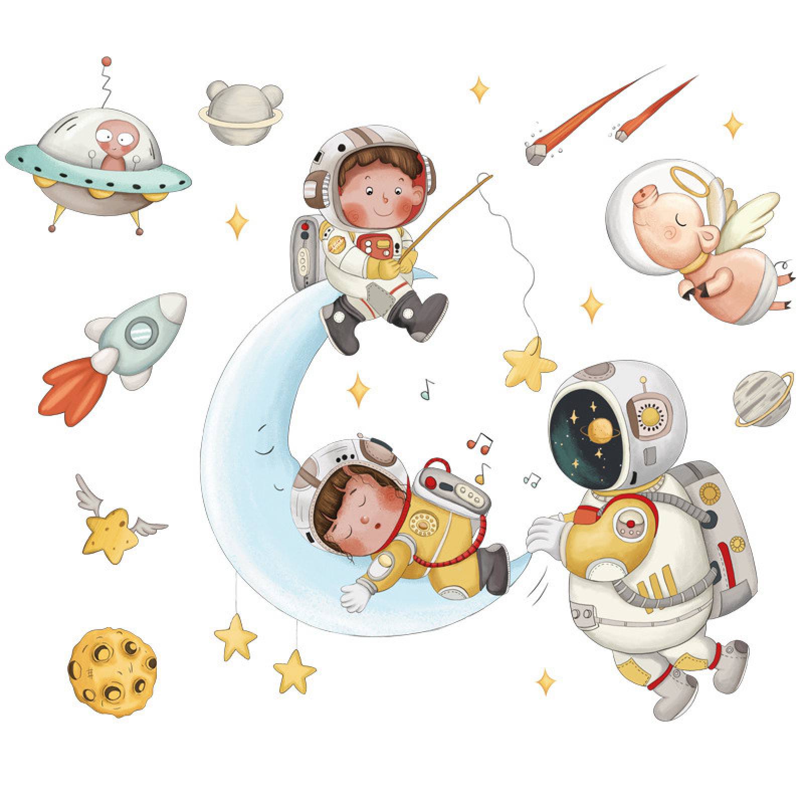 Vinil Decorativo Astronauta Nave Espacial Luna Niño Bebé