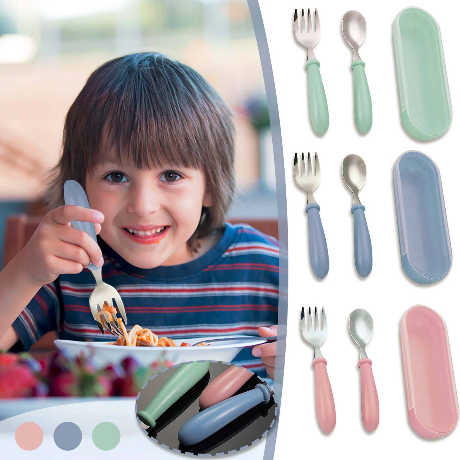 Cubiertos para niños pequeños, utensilios para niños, tenedores y cucharas  de acero inoxidable con estuche de viaje para niños de 1, 2, 3, 4 años
