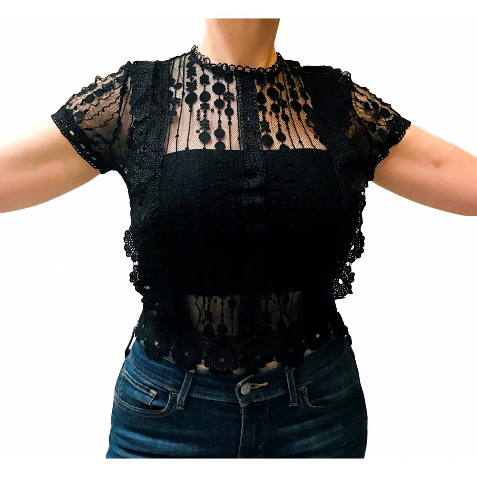 Blusa para dama mujer casual manga corta de encaje transparente Miss Tian