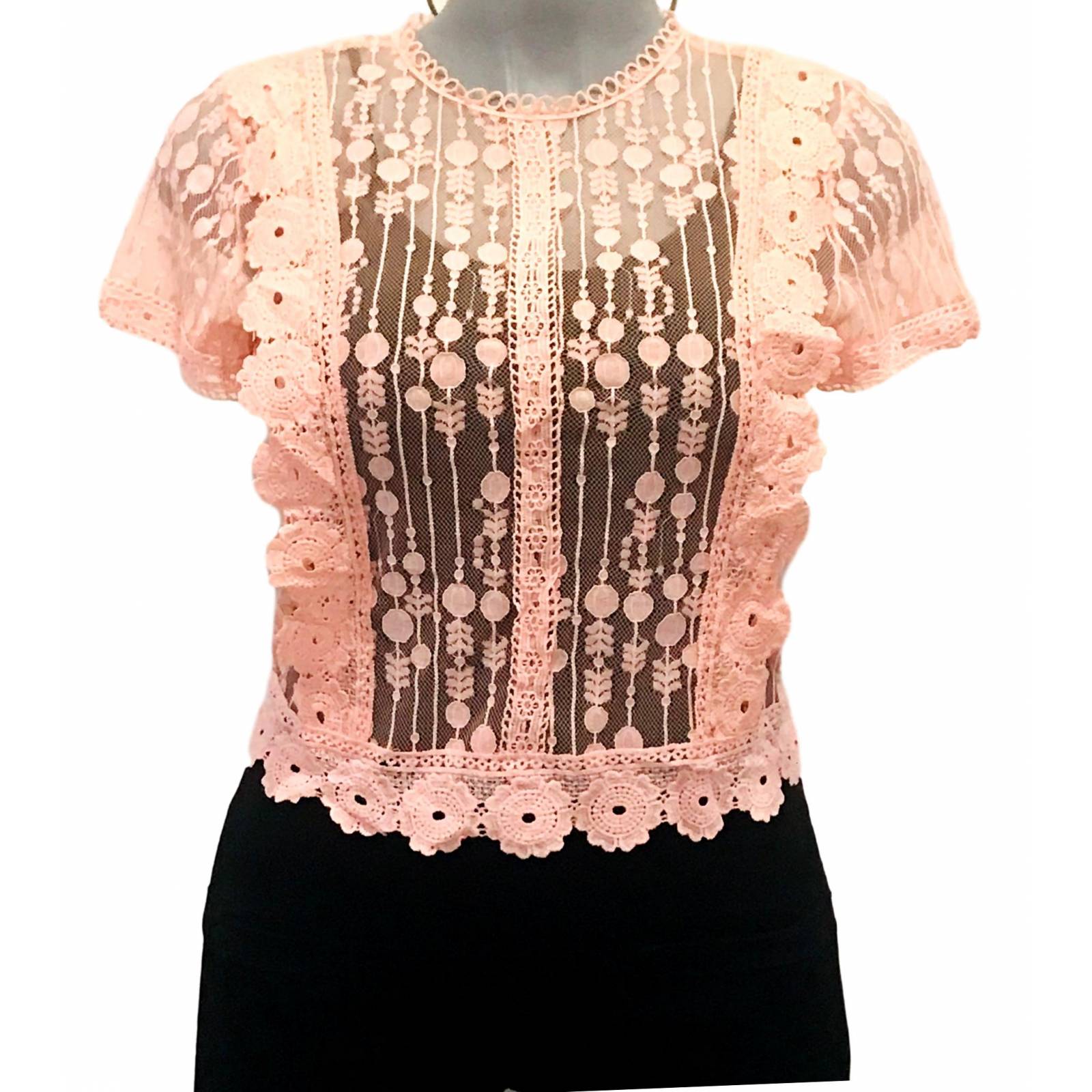 Blusa para dama mujer casual manga corta de encaje transparente Miss Tian