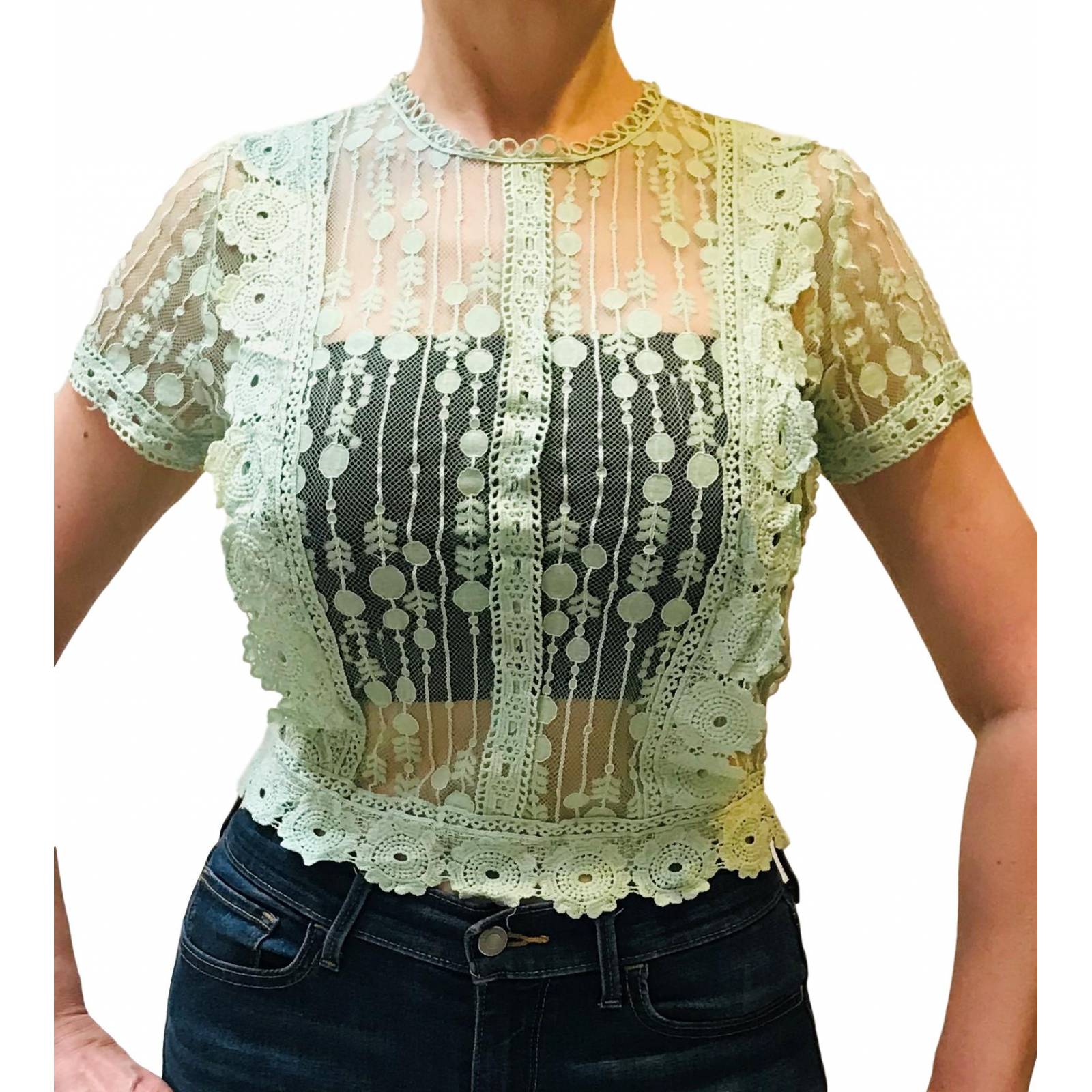 Blusa para dama mujer casual manga corta de encaje transparente Miss Tian