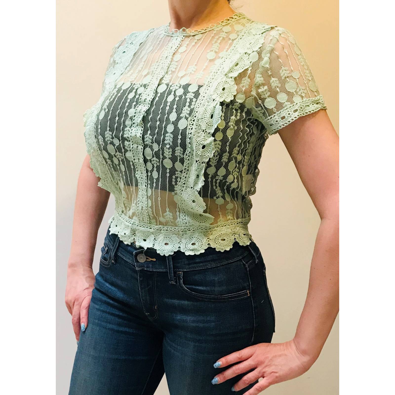 Blusa para dama mujer casual manga corta de encaje transparente Miss Tian