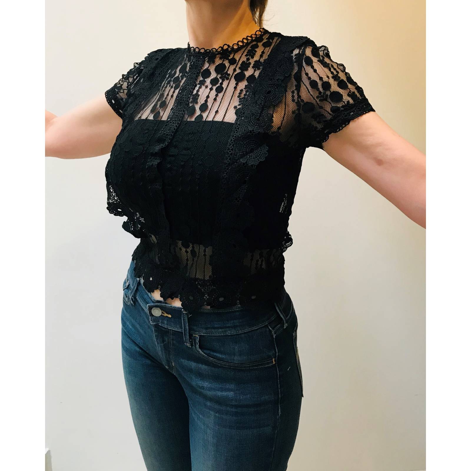 Blusa para dama mujer casual manga corta de encaje transparente Miss Tian