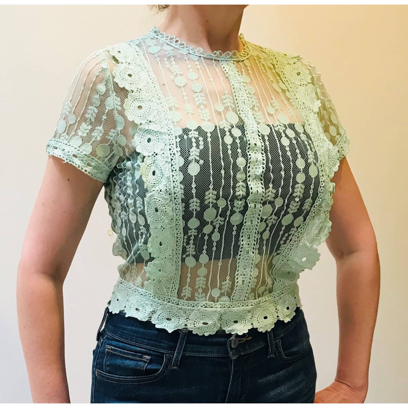 Blusa para dama mujer casual manga corta de encaje transparente Miss Tian