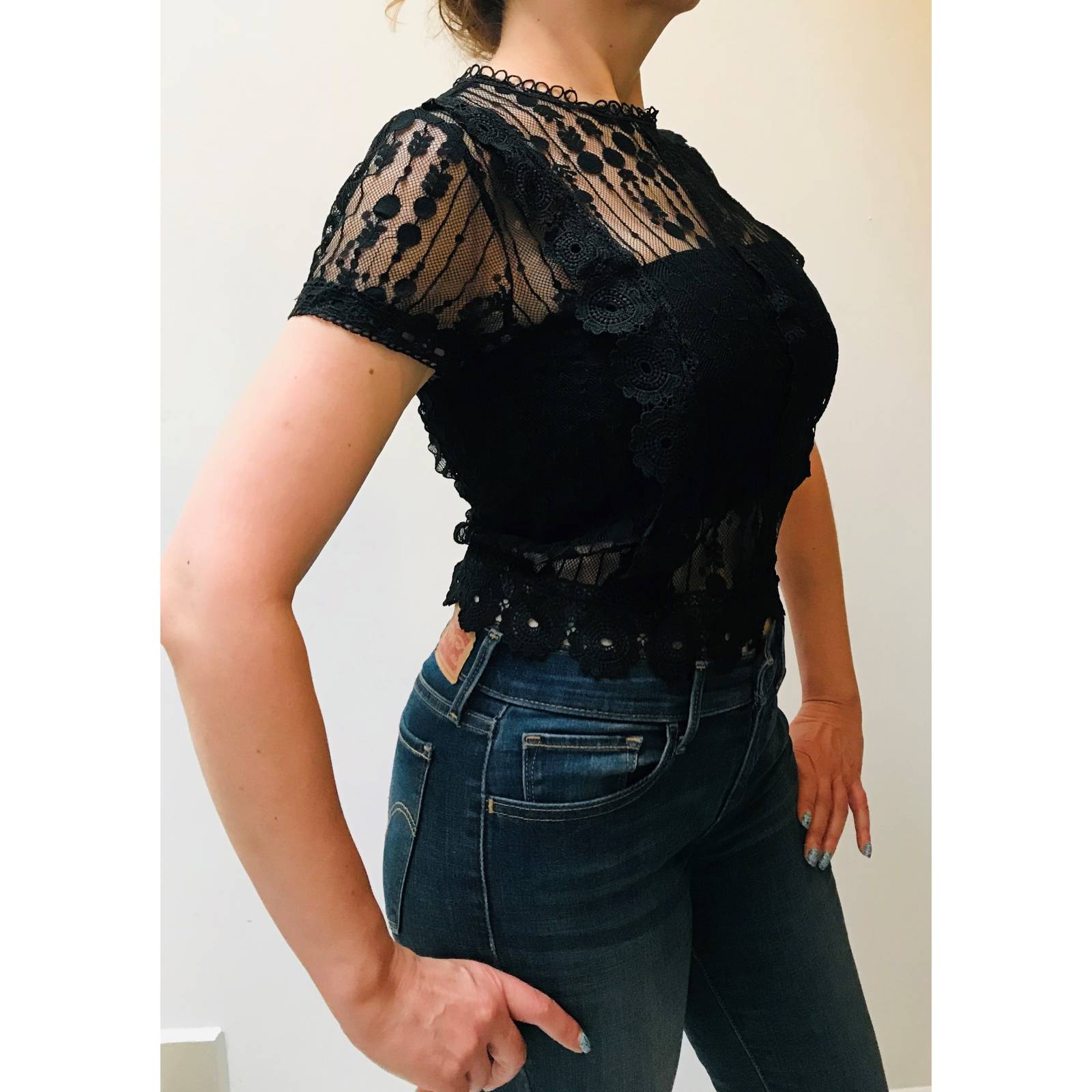 Blusa para dama mujer casual manga corta de encaje transparente Miss Tian