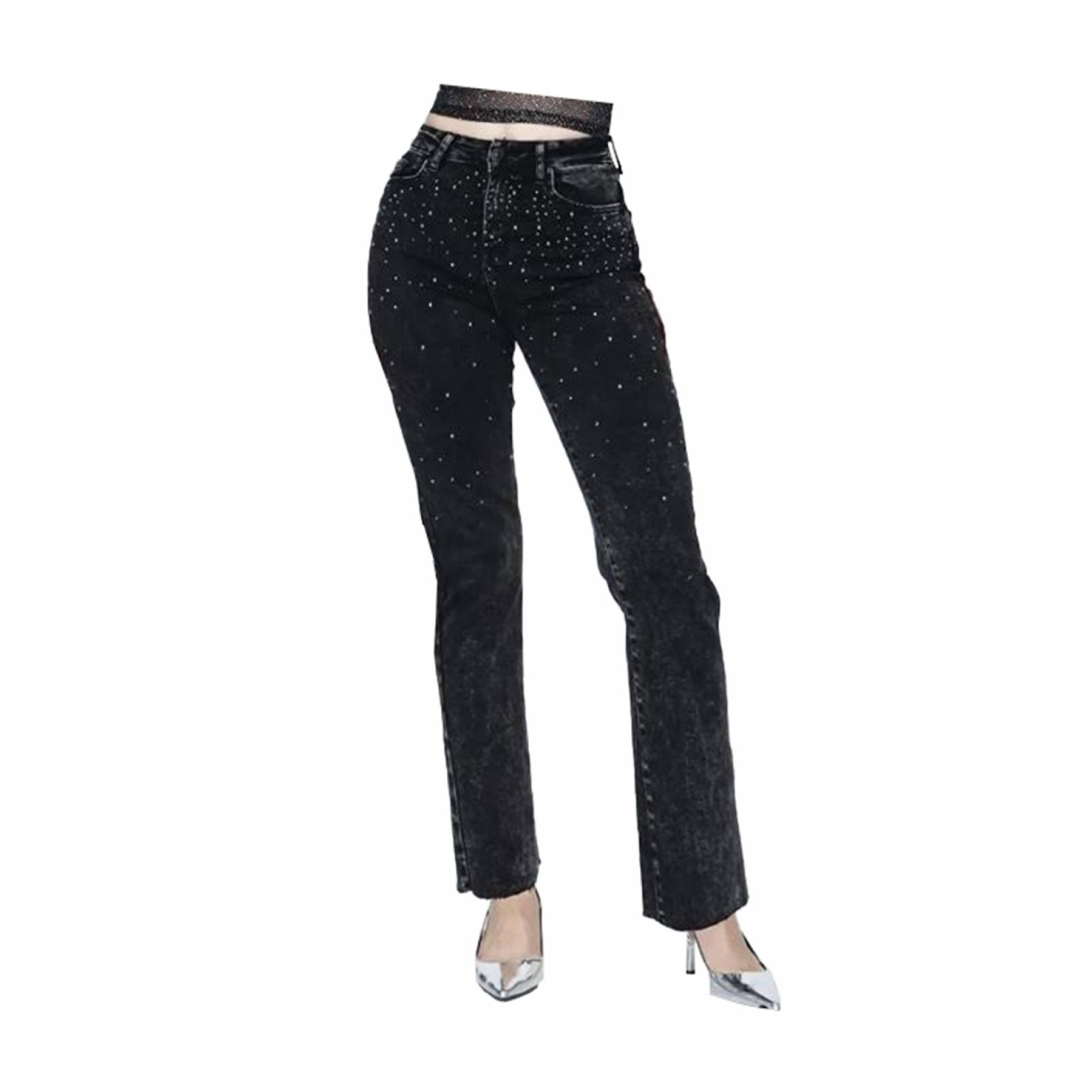 Pantalón jeans campana stretch Agorss negro con piedras para mujer