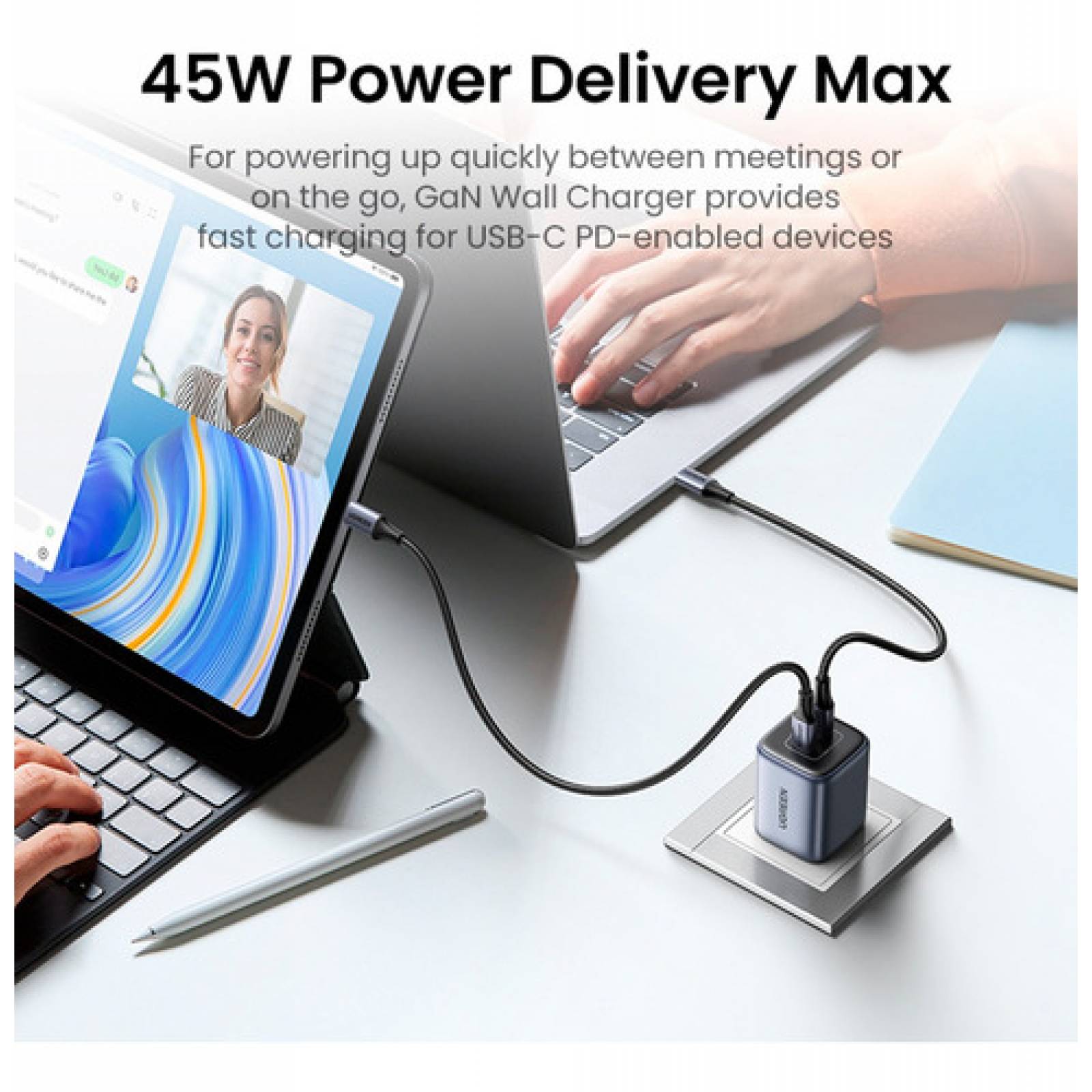 Mini Cargador Ugreen 45w Pd Gan Carga Rápida 2 Puertos Usb C