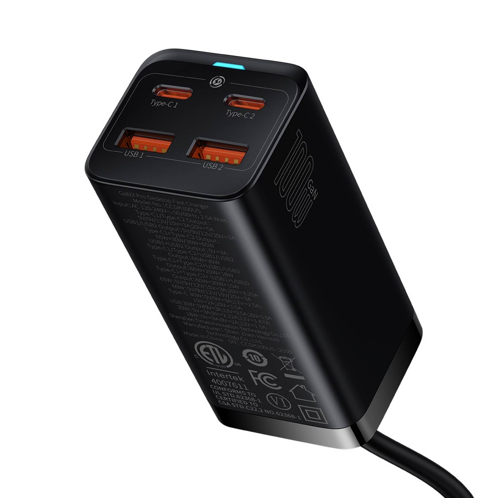 Cargador Baseus CCGP000201 GaN3 Pro 2 USB C + 2 USB A Negro