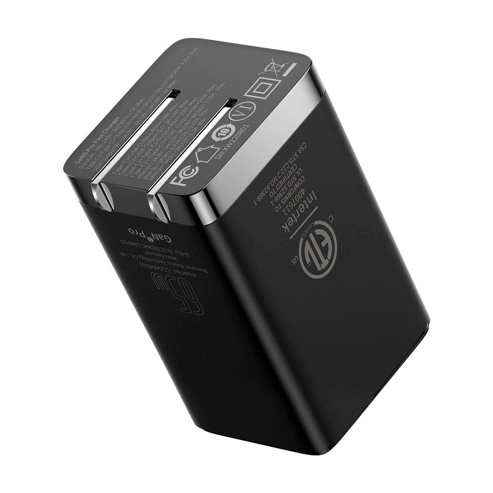 Cargador Baseus CCGP120101 GaN5 Pro Rápido 3 Puertos Negro