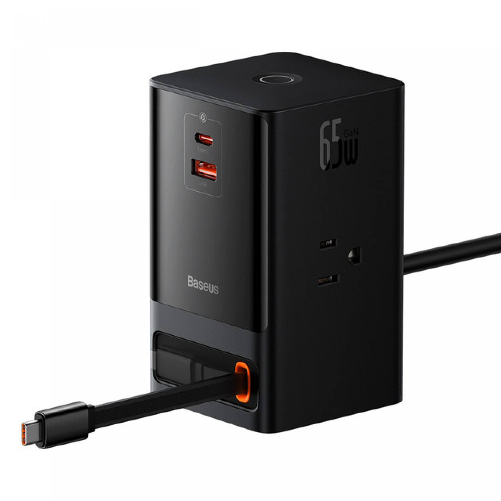 Estación de carga Baseus 3 AC, USB A, Cable retráctil USB-C 65W