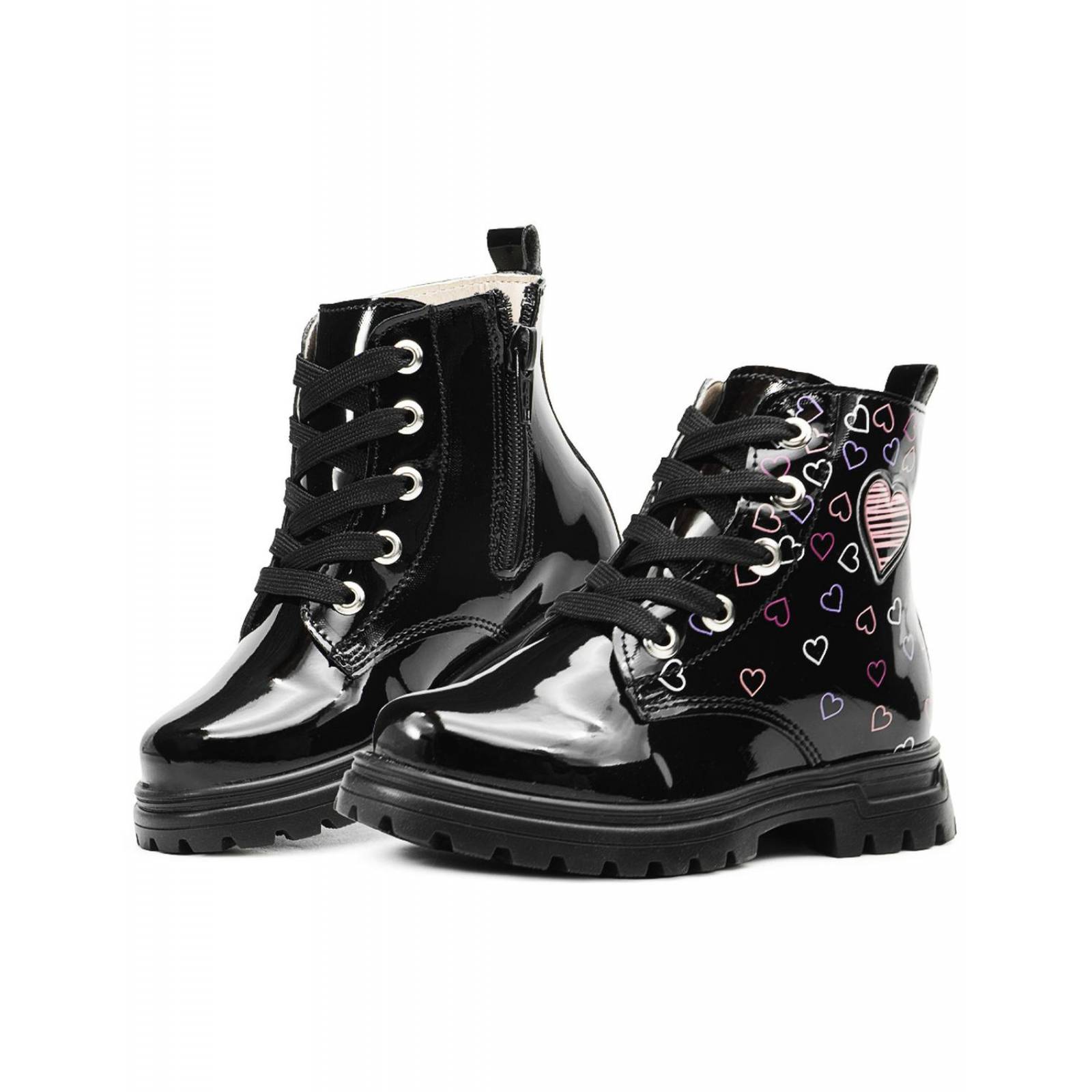 Bota Para Niña Charol Negro Corazoncitos Antideslizante 