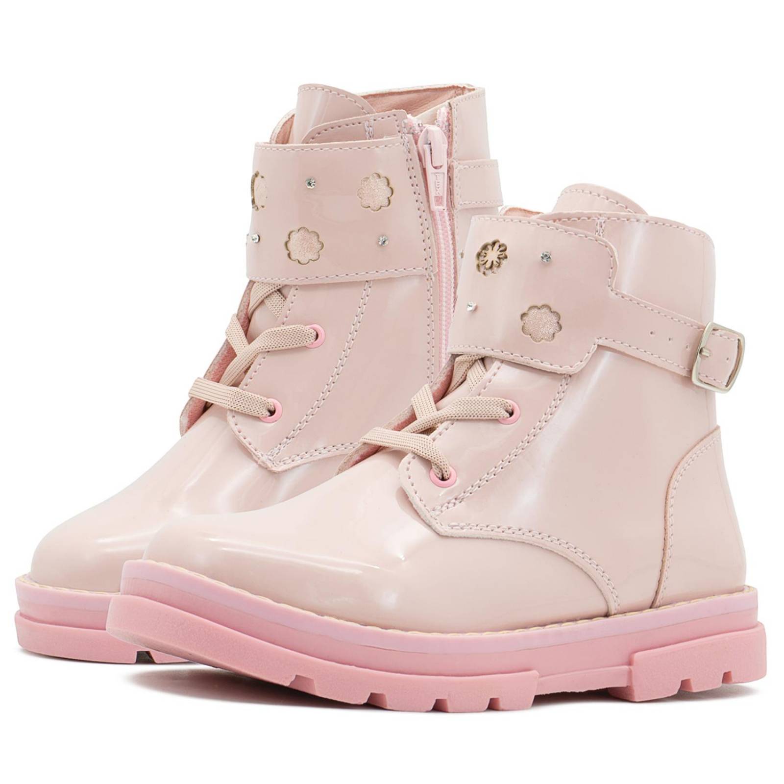 Botas Para Niña Charol Rosa Moda Chunky Suela Cosida 
