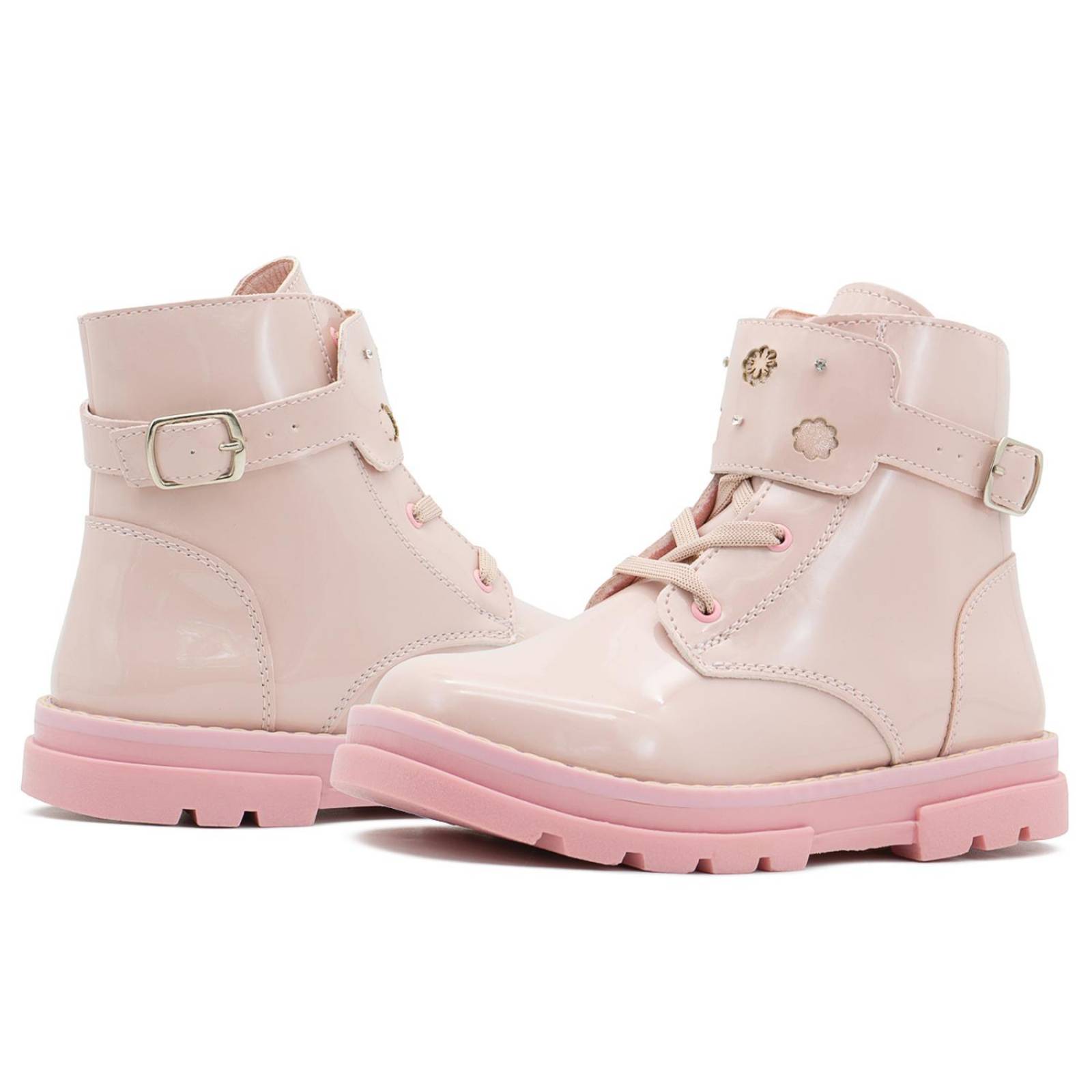 Botas Para Niña Charol Rosa Moda Chunky Suela Cosida 