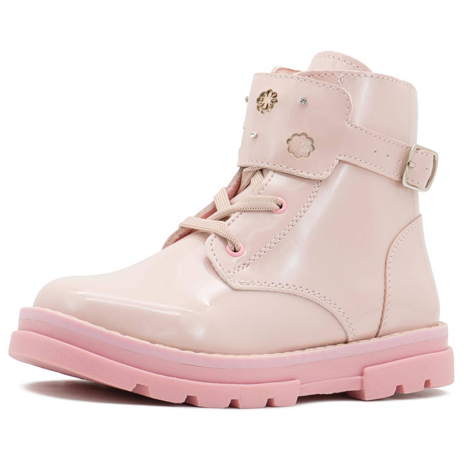 Botas Para Niña Charol Rosa Moda Chunky Suela Cosida 