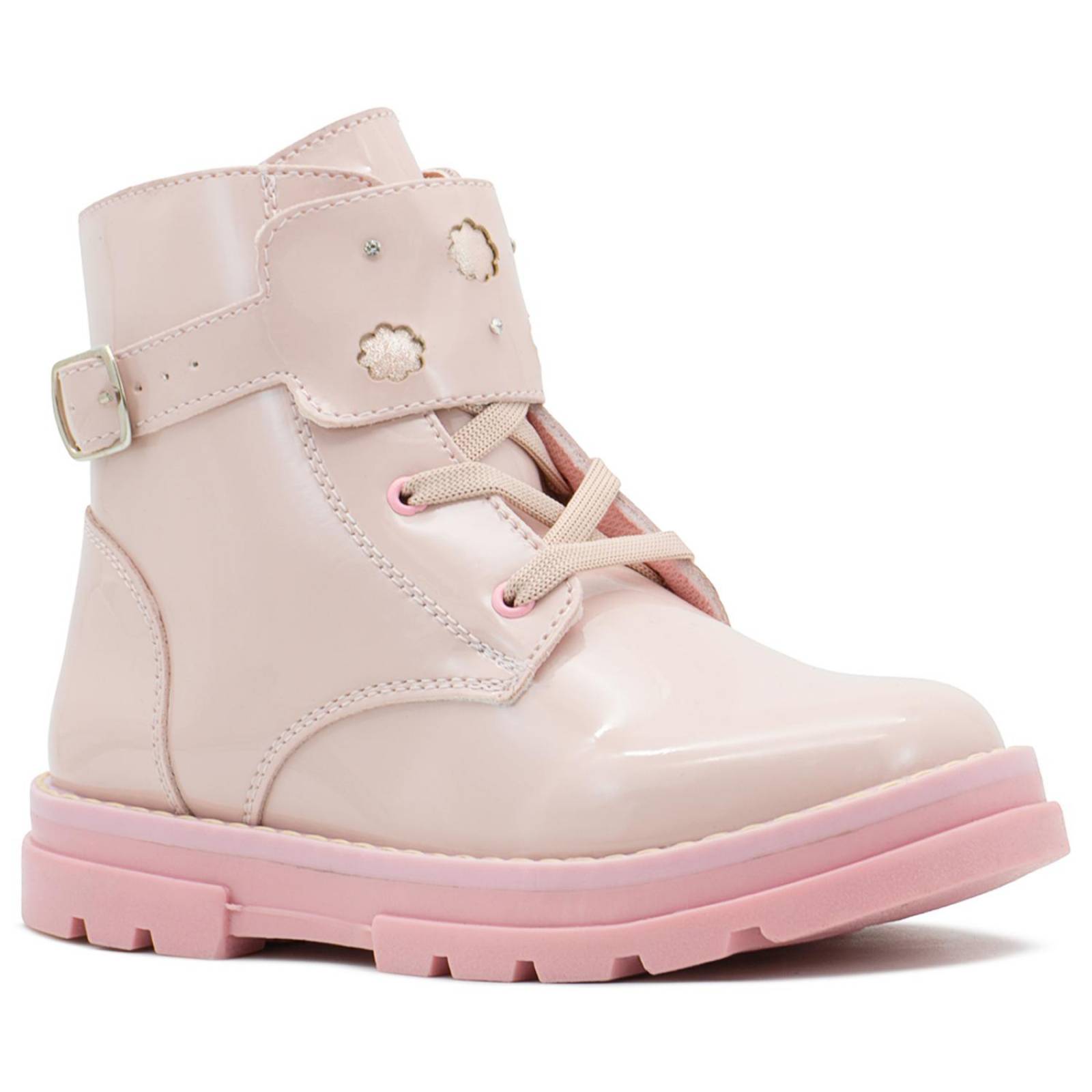 Botas Para Niña Charol Rosa Moda Chunky Suela Cosida 