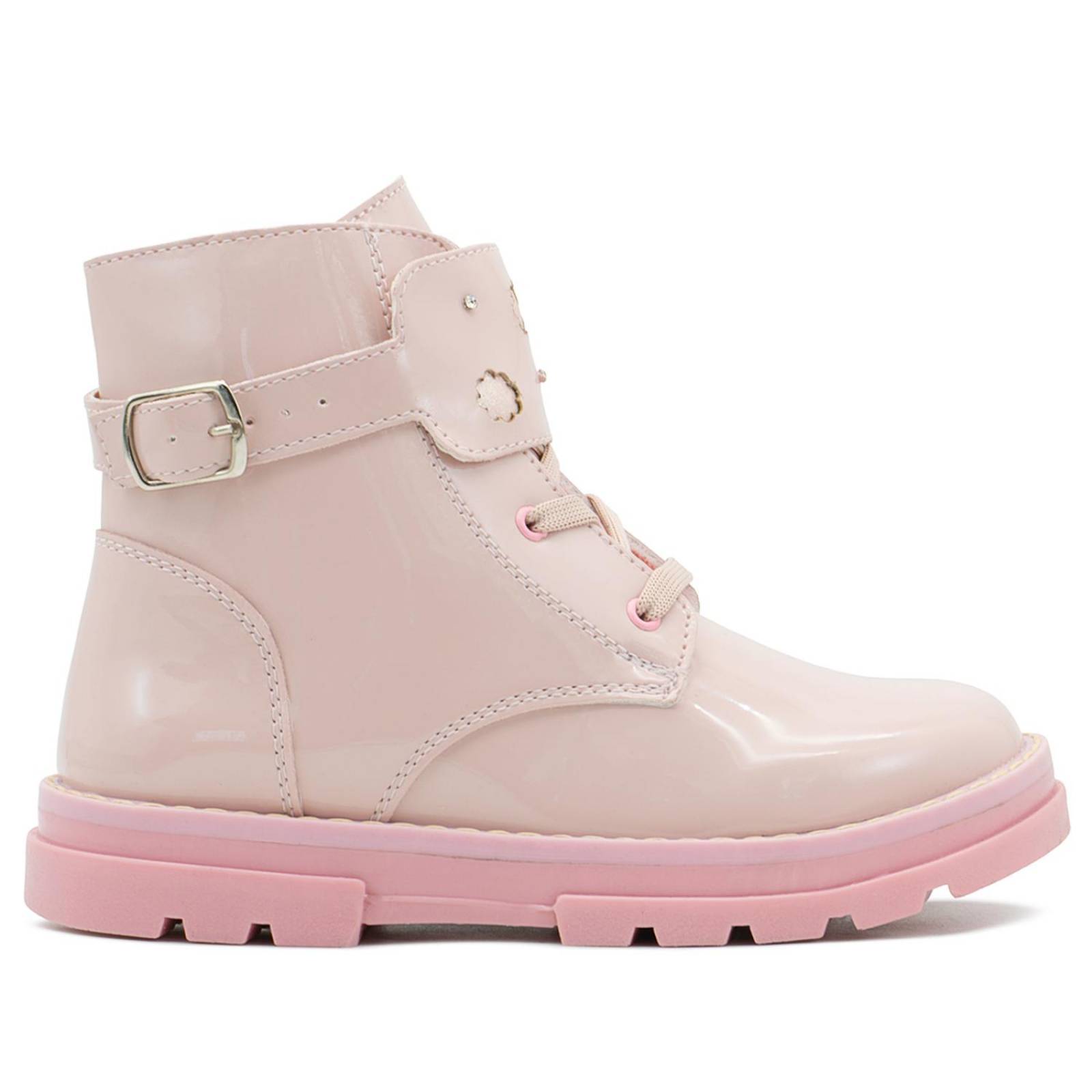 Botas Para Niña Charol Rosa Moda Chunky Suela Cosida 