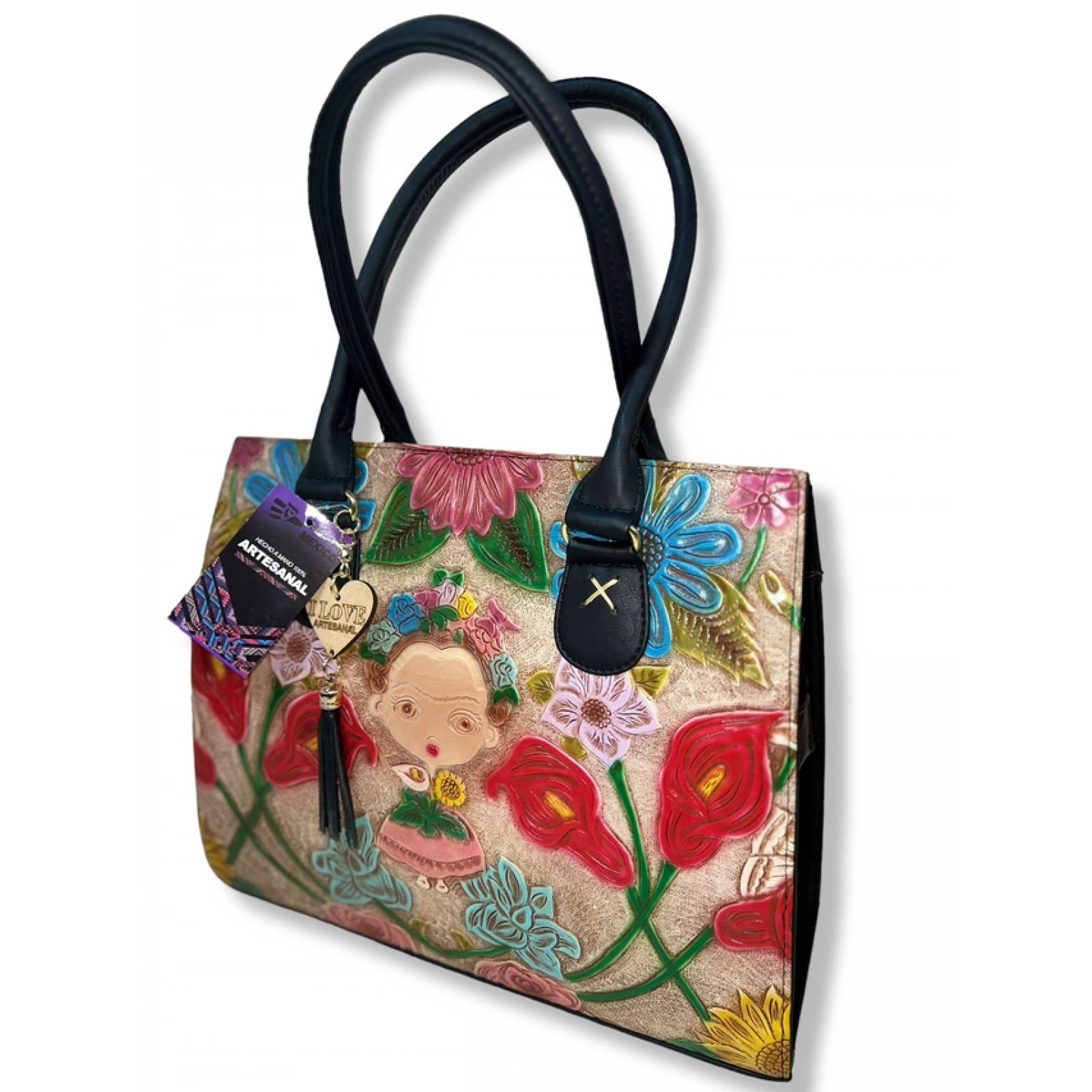 Bolsa Fina dama piel troquelada Artesanal  diseño niña Otomi Lele