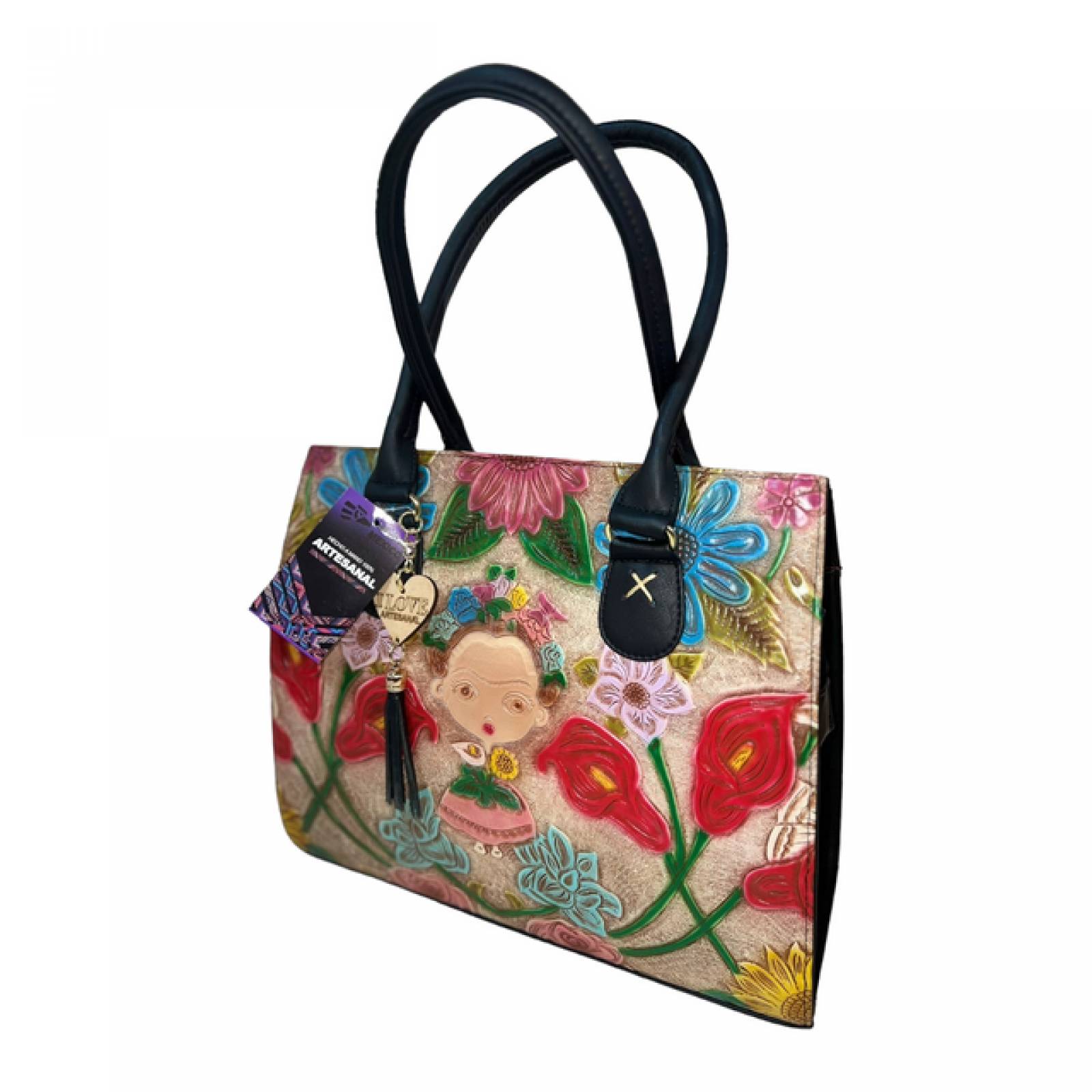 Bolsa Fina dama piel troquelada Artesanal  diseño niña Otomi Lele