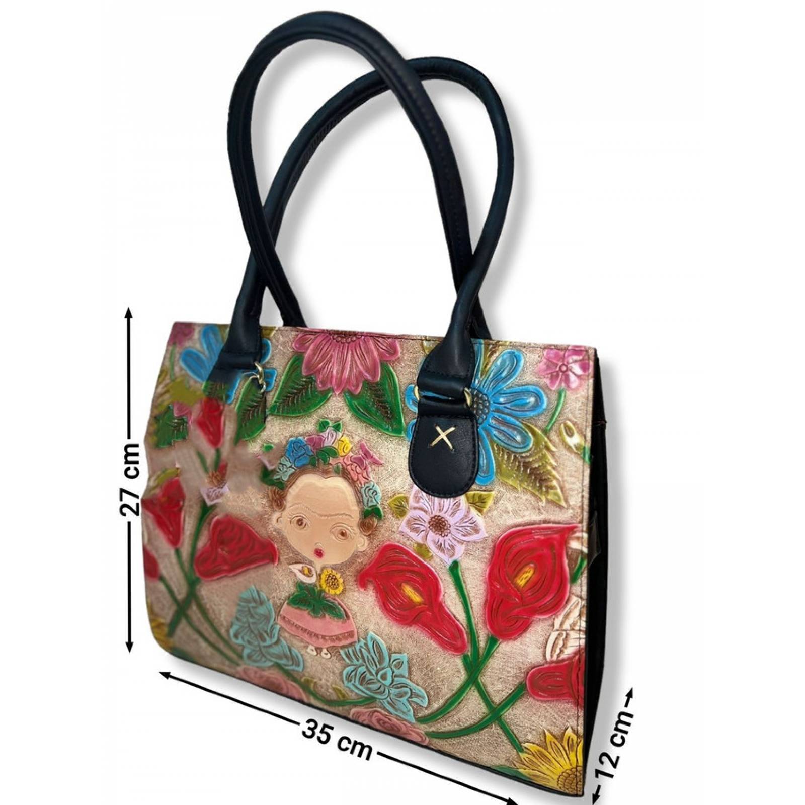 Bolsa Fina dama piel troquelada Artesanal  diseño niña Otomi Lele