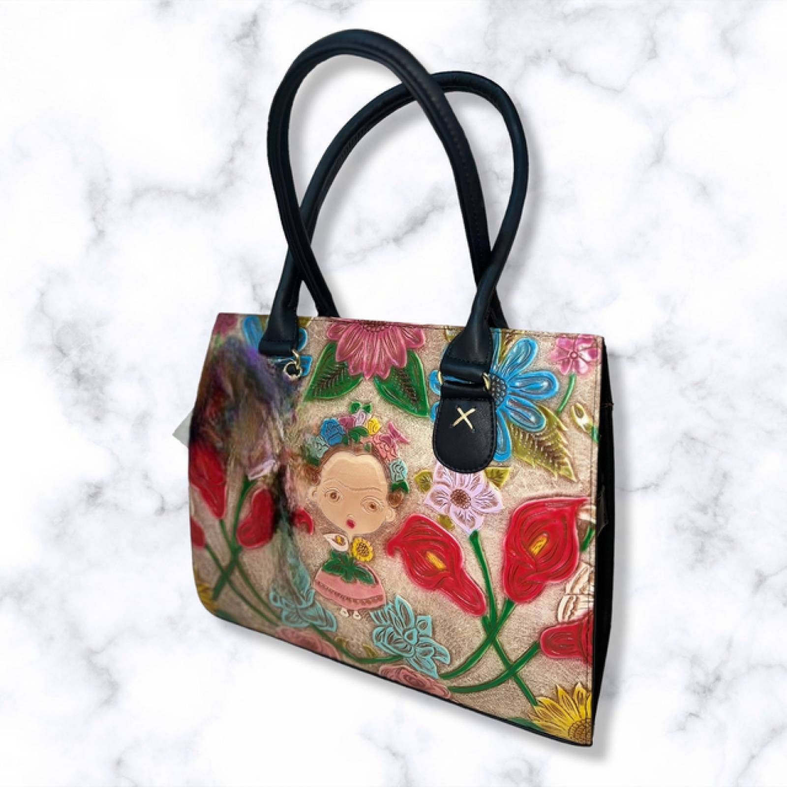 Bolsa Fina dama piel troquelada Artesanal  diseño niña Otomi Lele