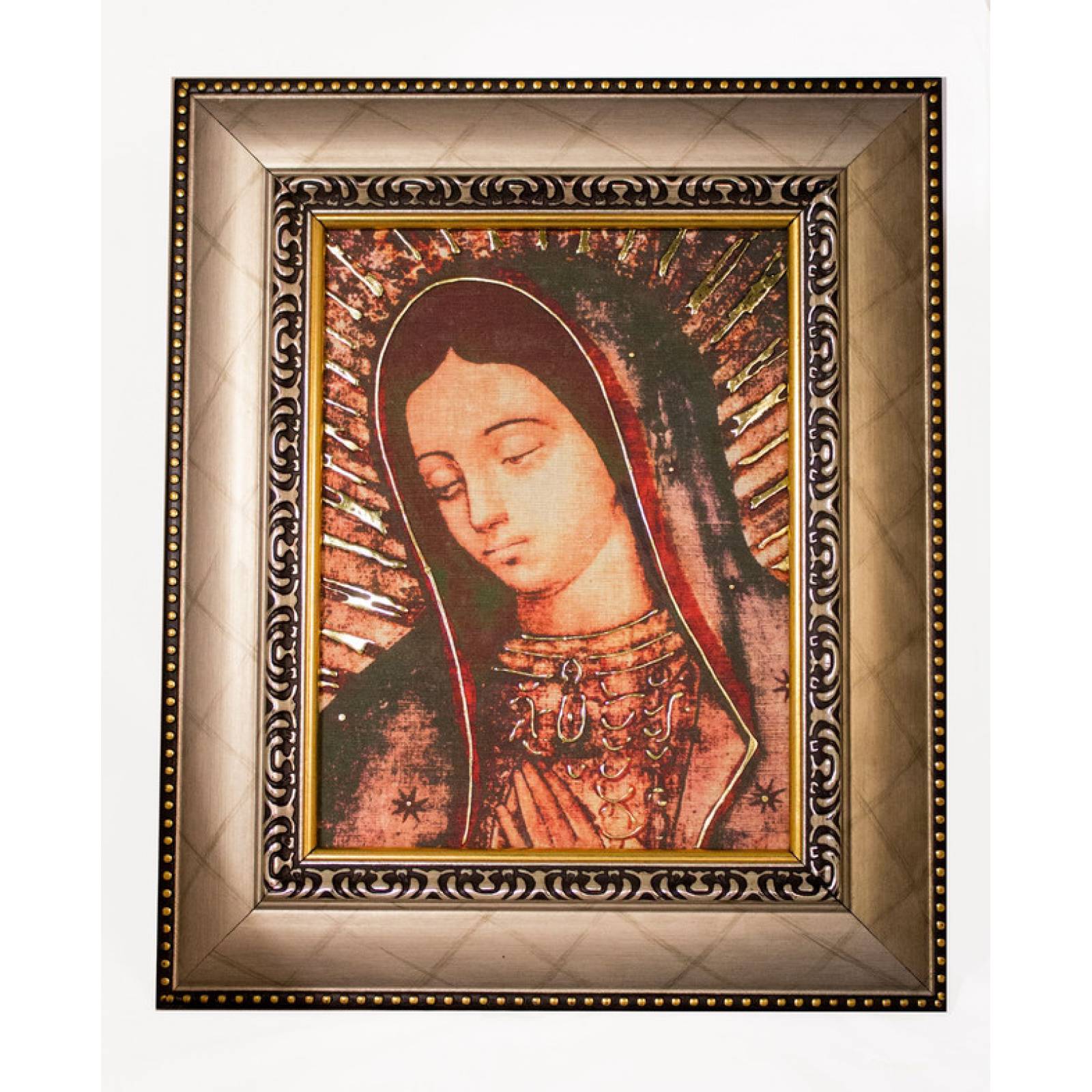 Cuadro Virgen de Guadalupe rostro con relieves dorado chico color oro palido medida 30x25 cm
