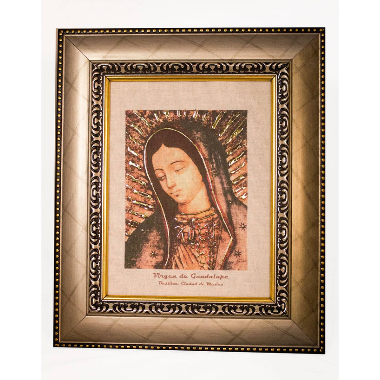 Cuadro Virgen de Guadalupe rostro conmemorativo grande color oro palido medida 48x41 cm