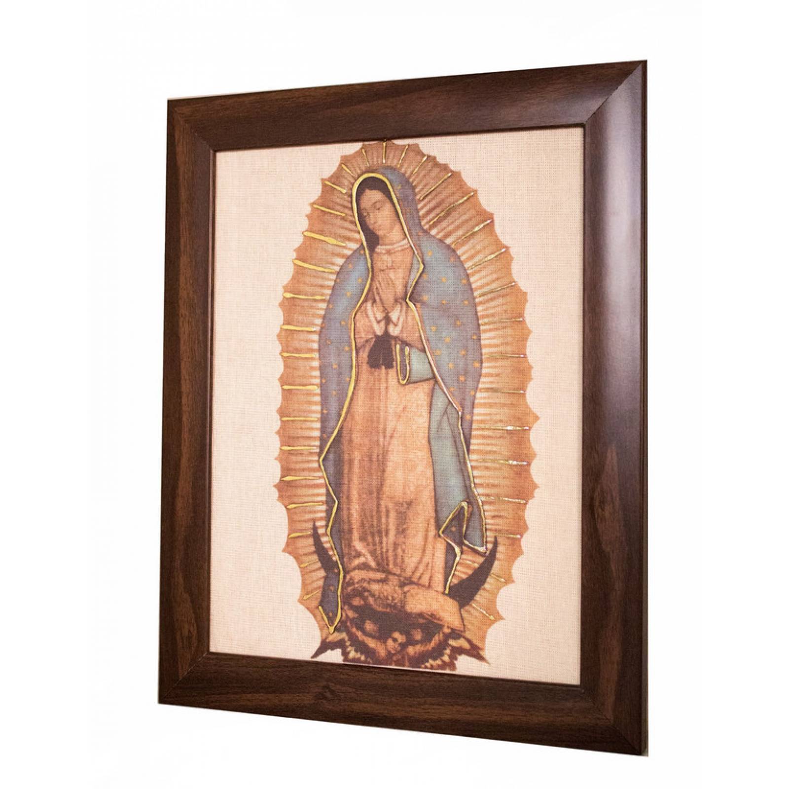 Cuadro Virgen de Guadalupe con relieves dorados chico color roble medida 25x19 cm