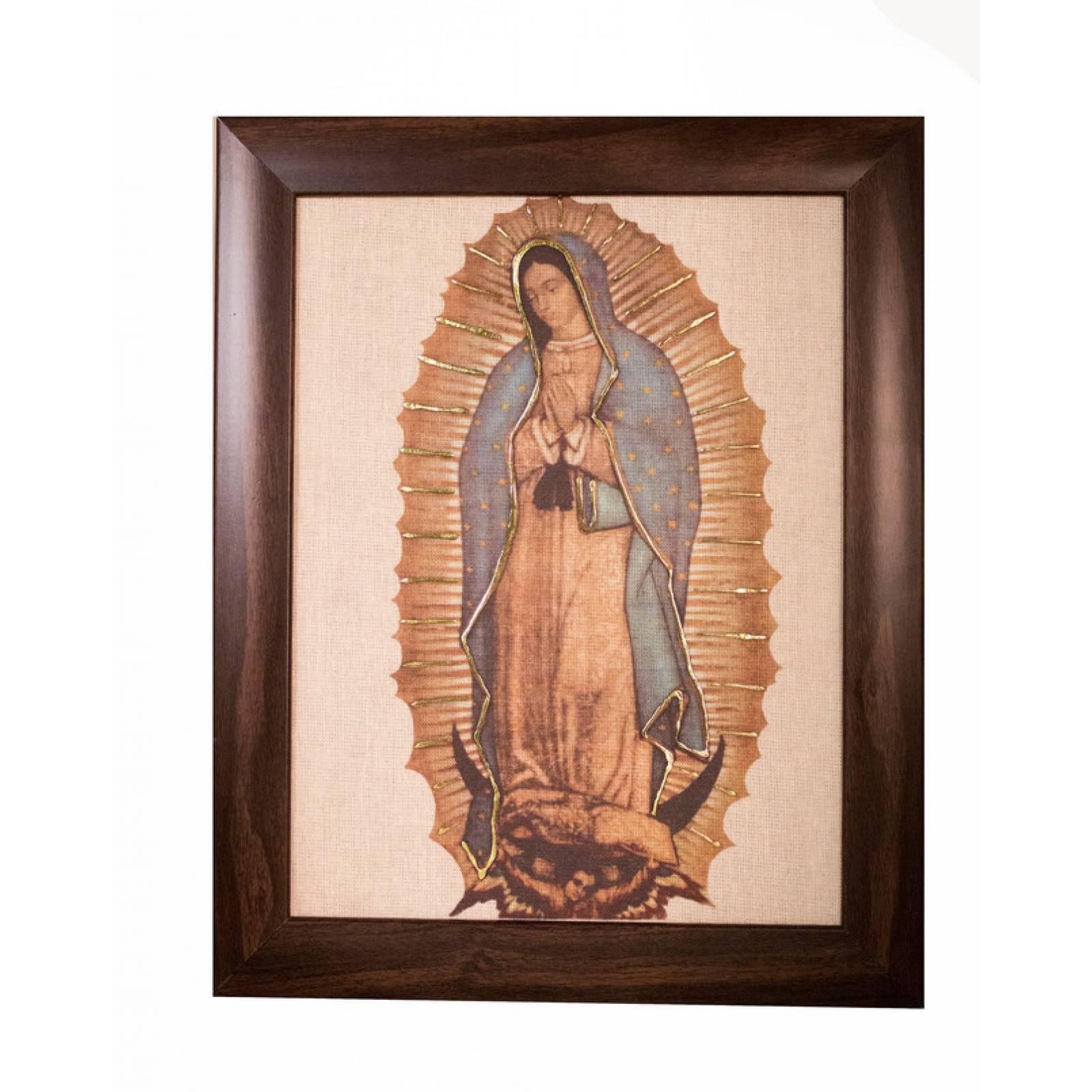 Cuadro Virgen de Guadalupe con relieves dorados chico color roble medida 25x19 cm