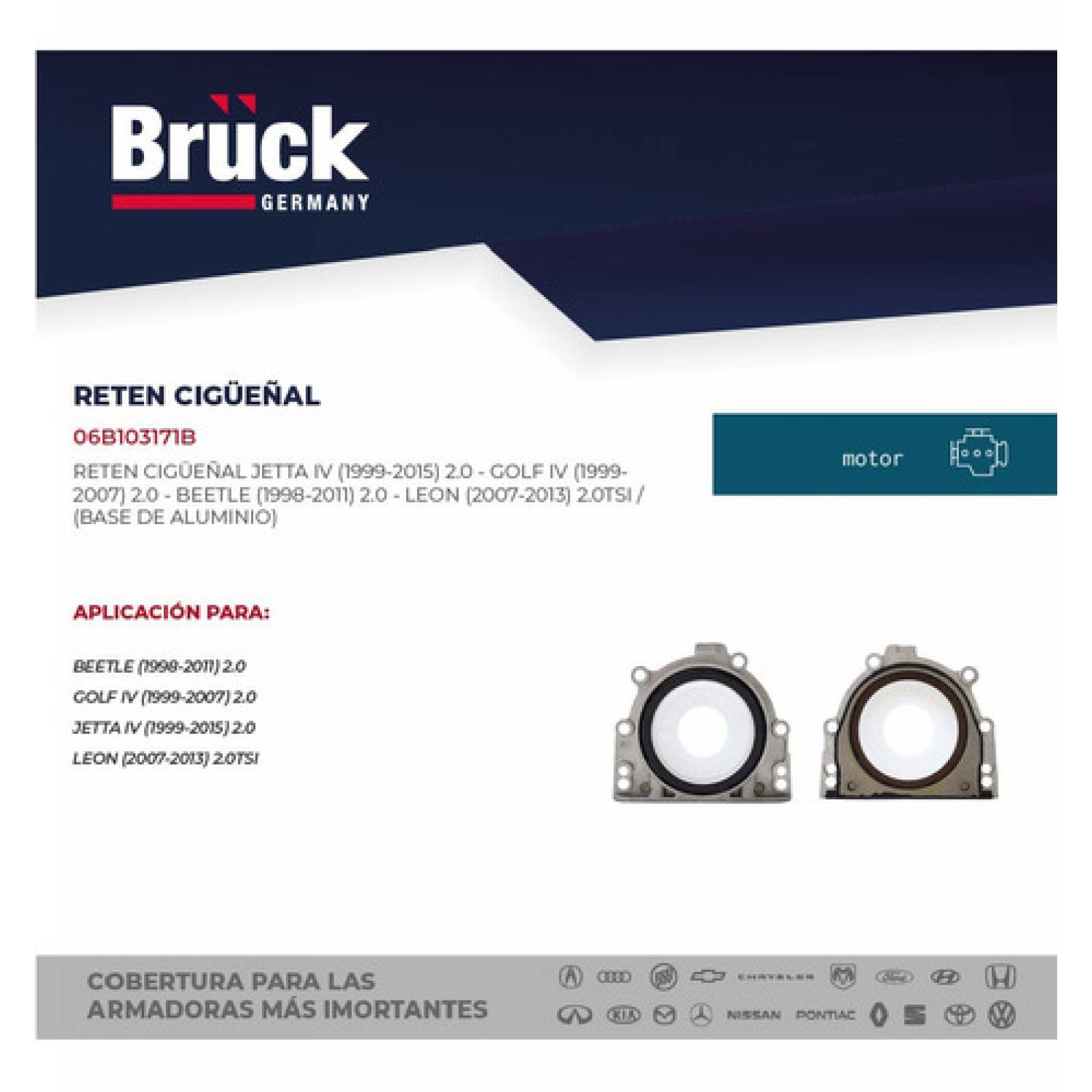 Reten Cigüeñal Golf - Jetta A4, Clasico 99-15, Beetle, Leon Motor 150 Cv, 2.0 Lts, Base De Aluminio, Bruck Germany