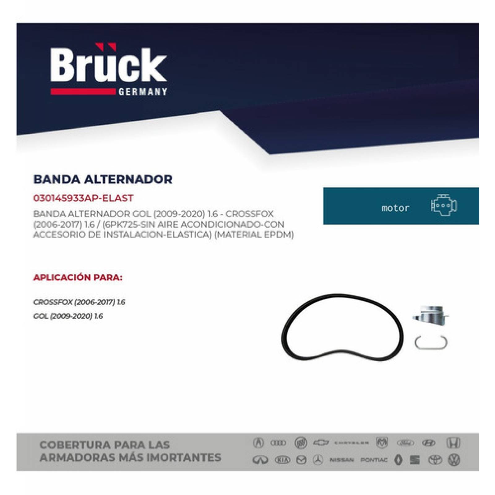 Banda Alternador Vw Gol 09-13, Crossfox 09-13 S/aa Medida 6pk 725 Elastica Con Accesorio De Instalacion Bruck-germany