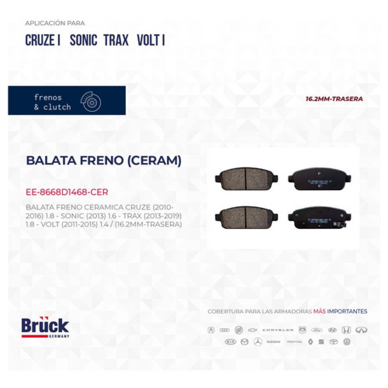 Juego Balatas Traseras Chevrolet Sonic 2010-2016, Cruze 2010-2016, Trax 2013-2017, Ceramica 16.2 Mm Euroespaña