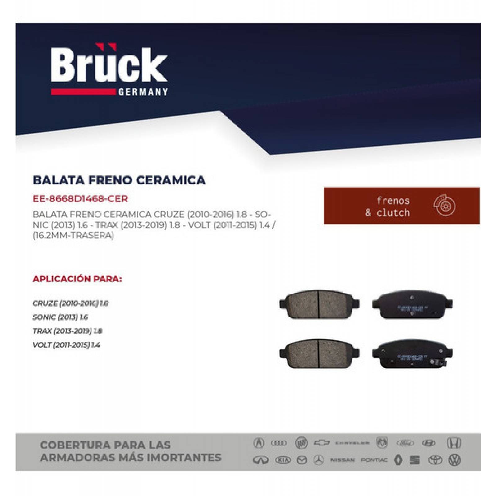 Juego Balatas Traseras Chevrolet Sonic 2010-2016, Cruze 2010-2016, Trax 2013-2017, Ceramica 16.2 Mm Euroespaña