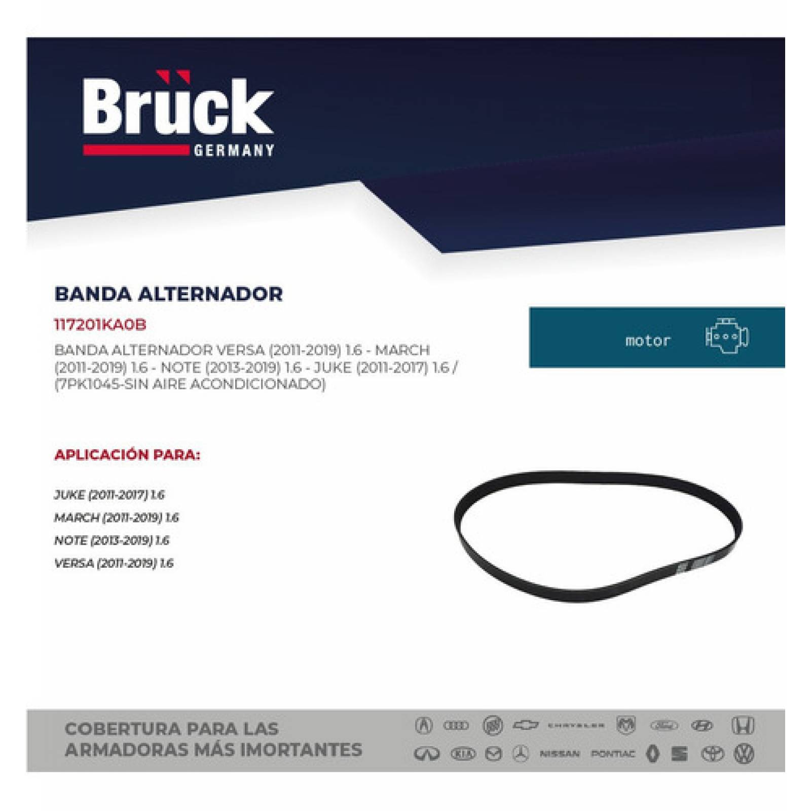 Banda Alternador Accesorios Nissan Versa 1.6 Lts 2016, March Todos, Note Todos, Medida 7pk1045 Bruck-germany