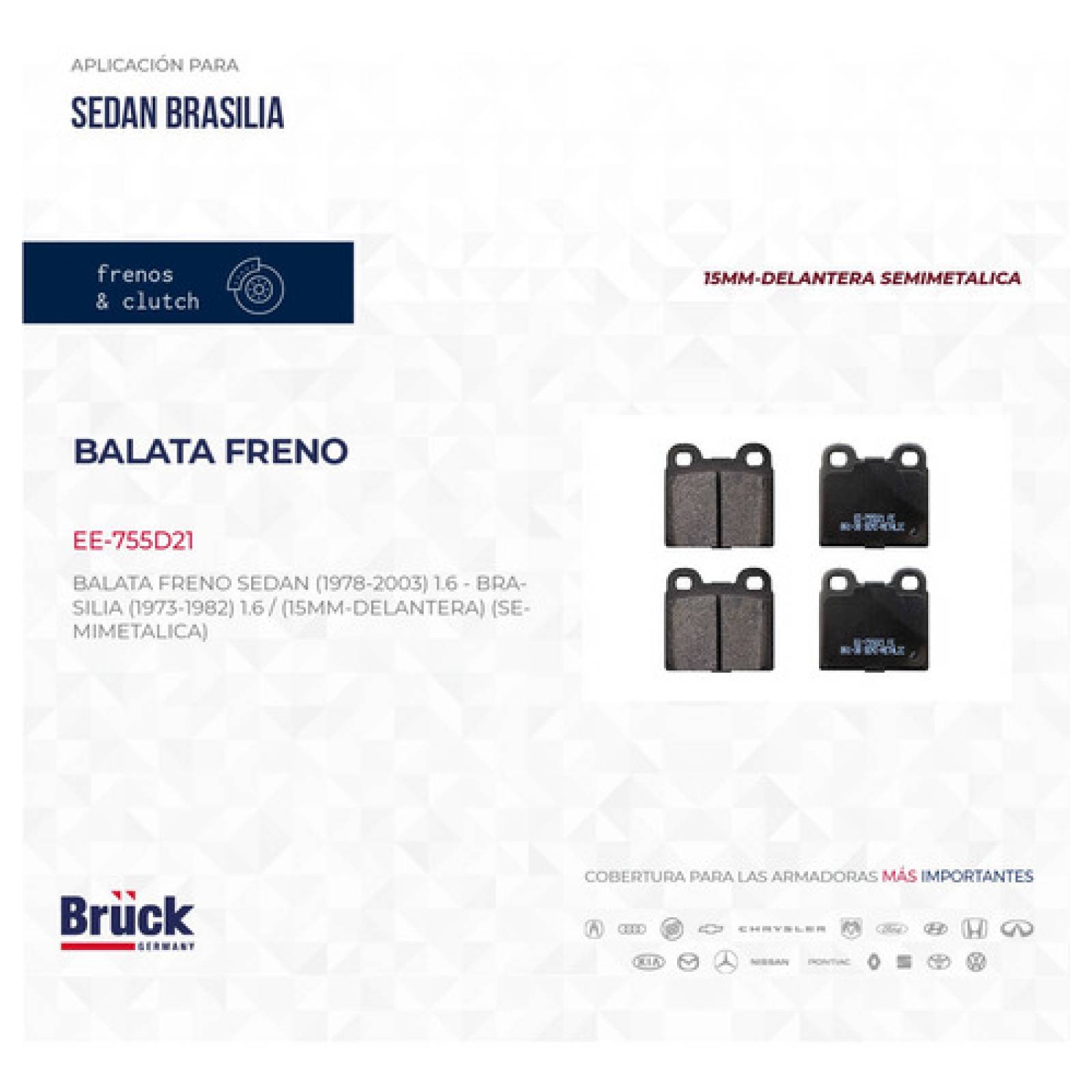 Juego Balatas Delanteras Vocho Sedan Todos Brasilia 15 Mm