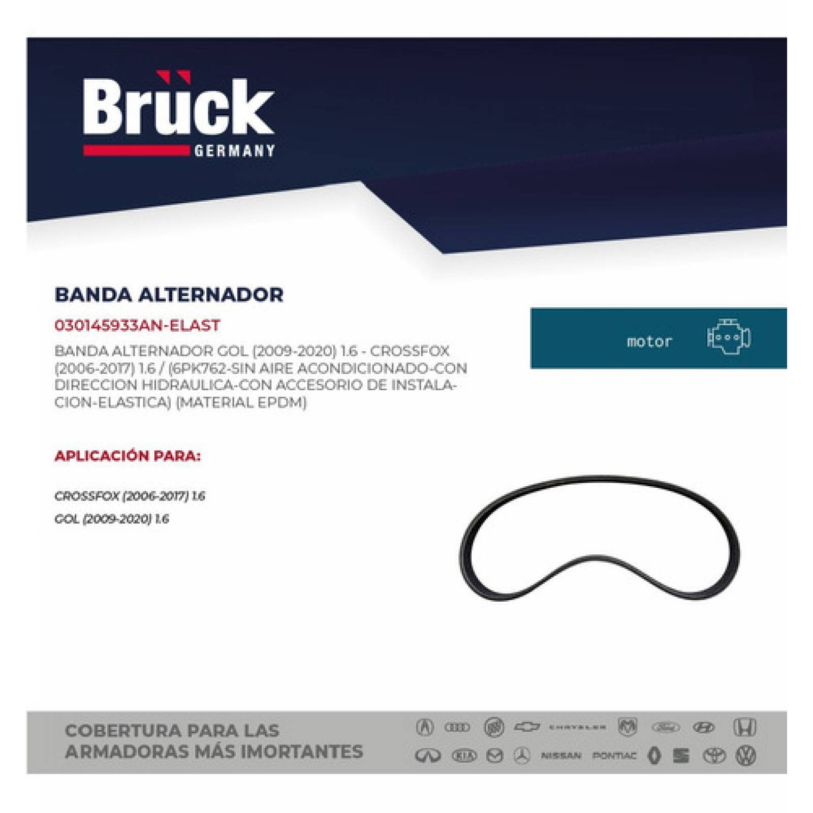 Banda Alternador Accesorios Vw Gol 09-13, Crossfox 09-13 S/aa Y C/dir Hid Elastica Medida 6pk762 Con Accesorio De Ins 