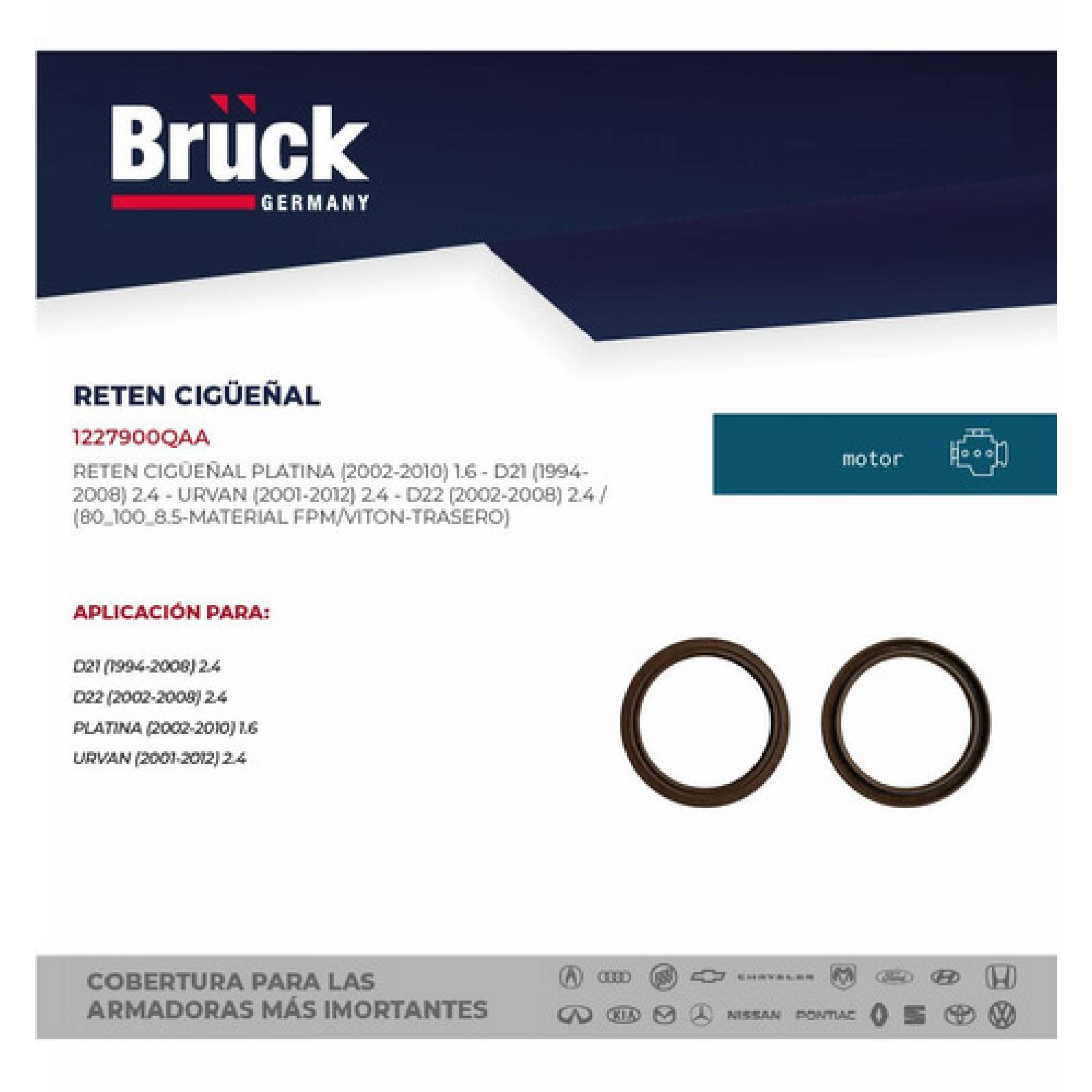 Reten Cigueñal Nissan Platina 02-08 1.6 Lts, Renault Clio 02-07 1.6 Lts, Trasero , Material F P M, Bruck Germany