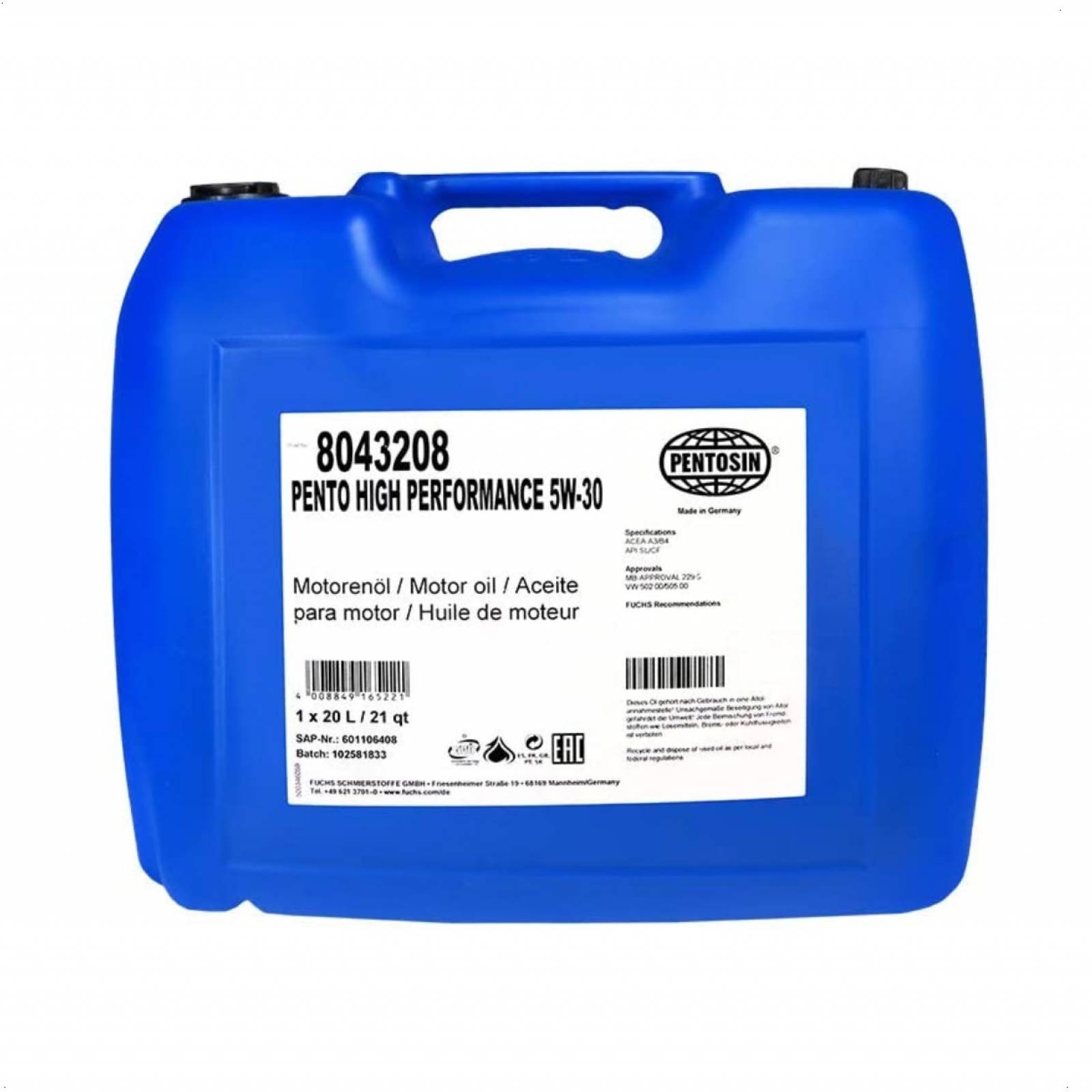 Aceite Motor Sintético 5w30 20 Lts High Performance Pentosin