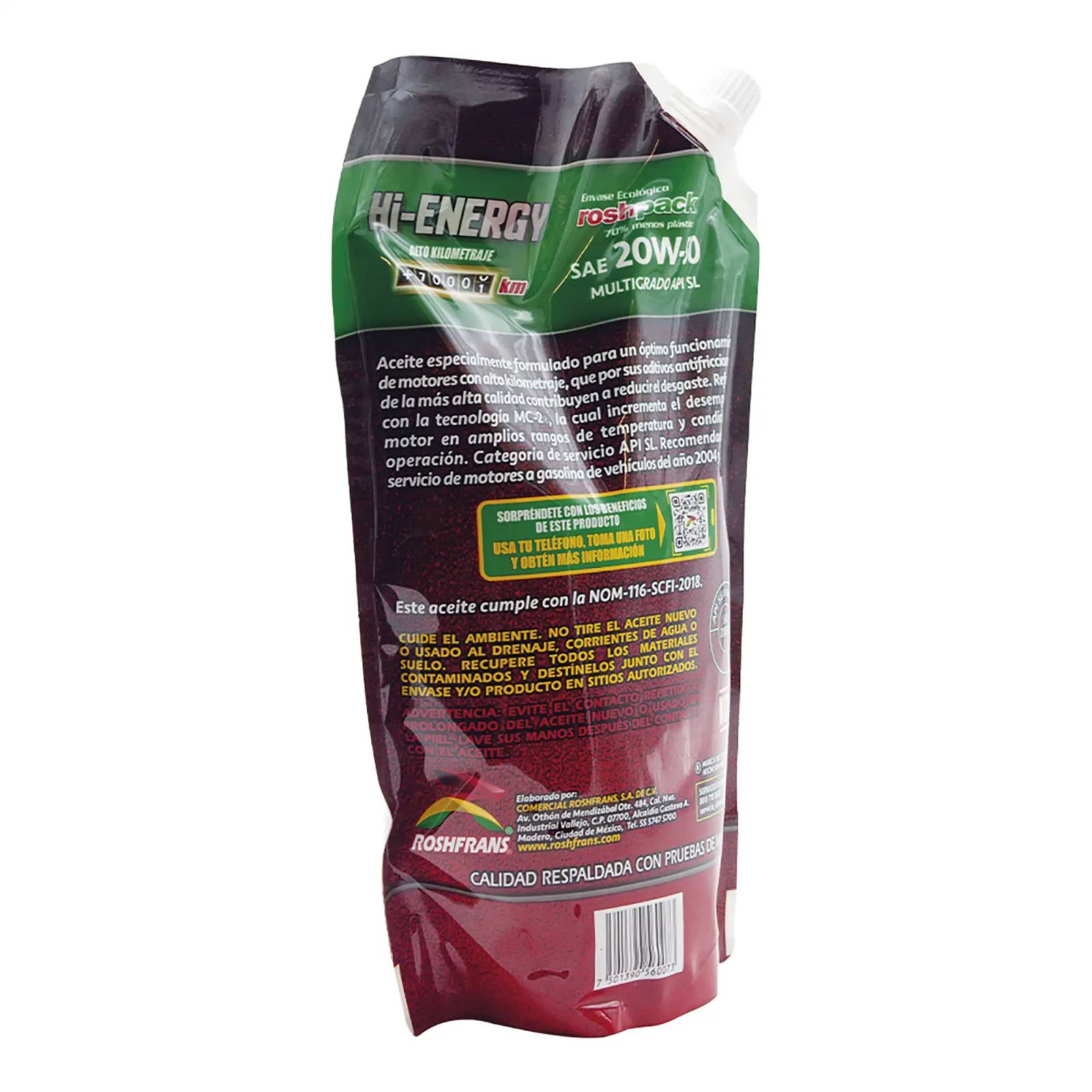 Aceite Motor Multigrado Roshfrans HI-ENERGY 20W-50, 950 ml