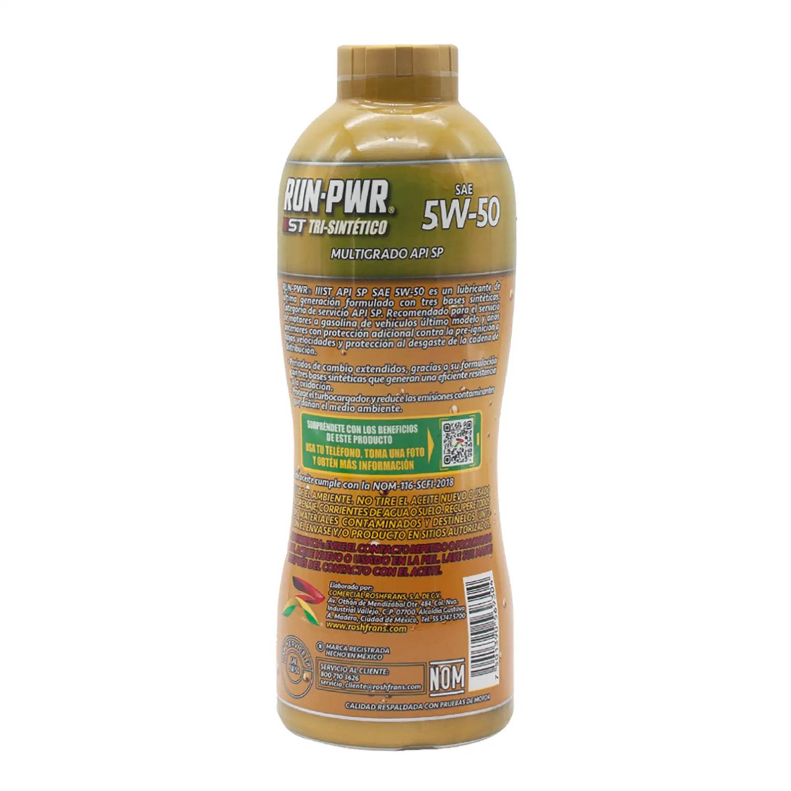 Aceite Motor Multigrado Roshfrans Tri-Sintético RUN-PWR 5W-50 SP, 950 ml